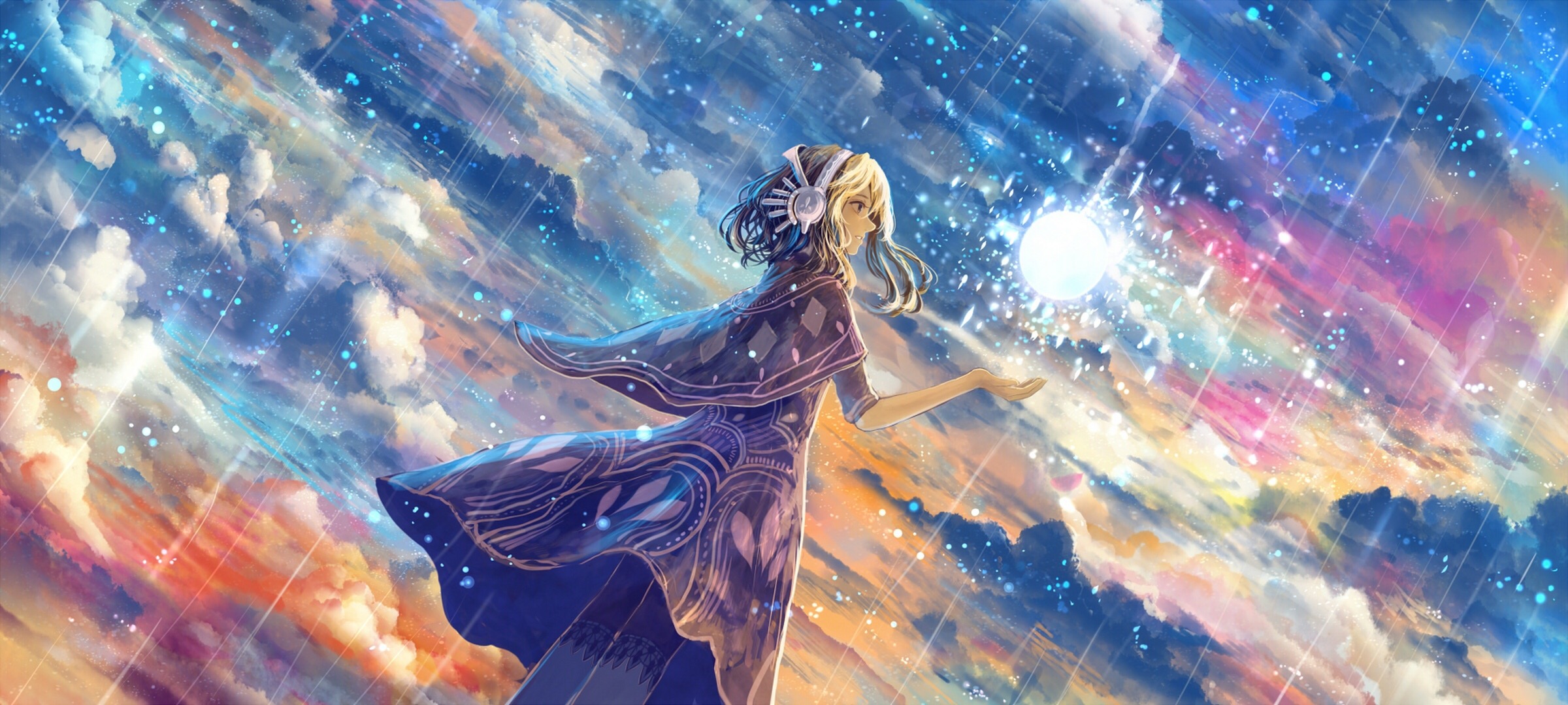 Anime girl with headphones in a starry sky HD Wallpaper