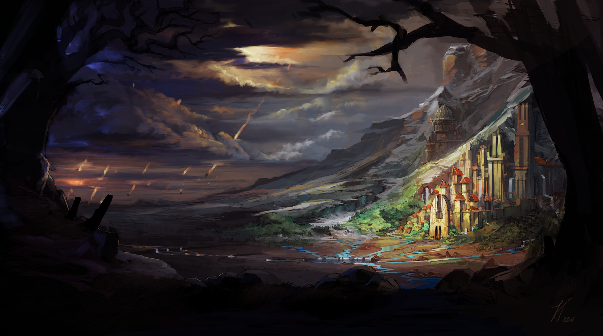 Fantasy landscape with a castle and meteors HD Wallpaper