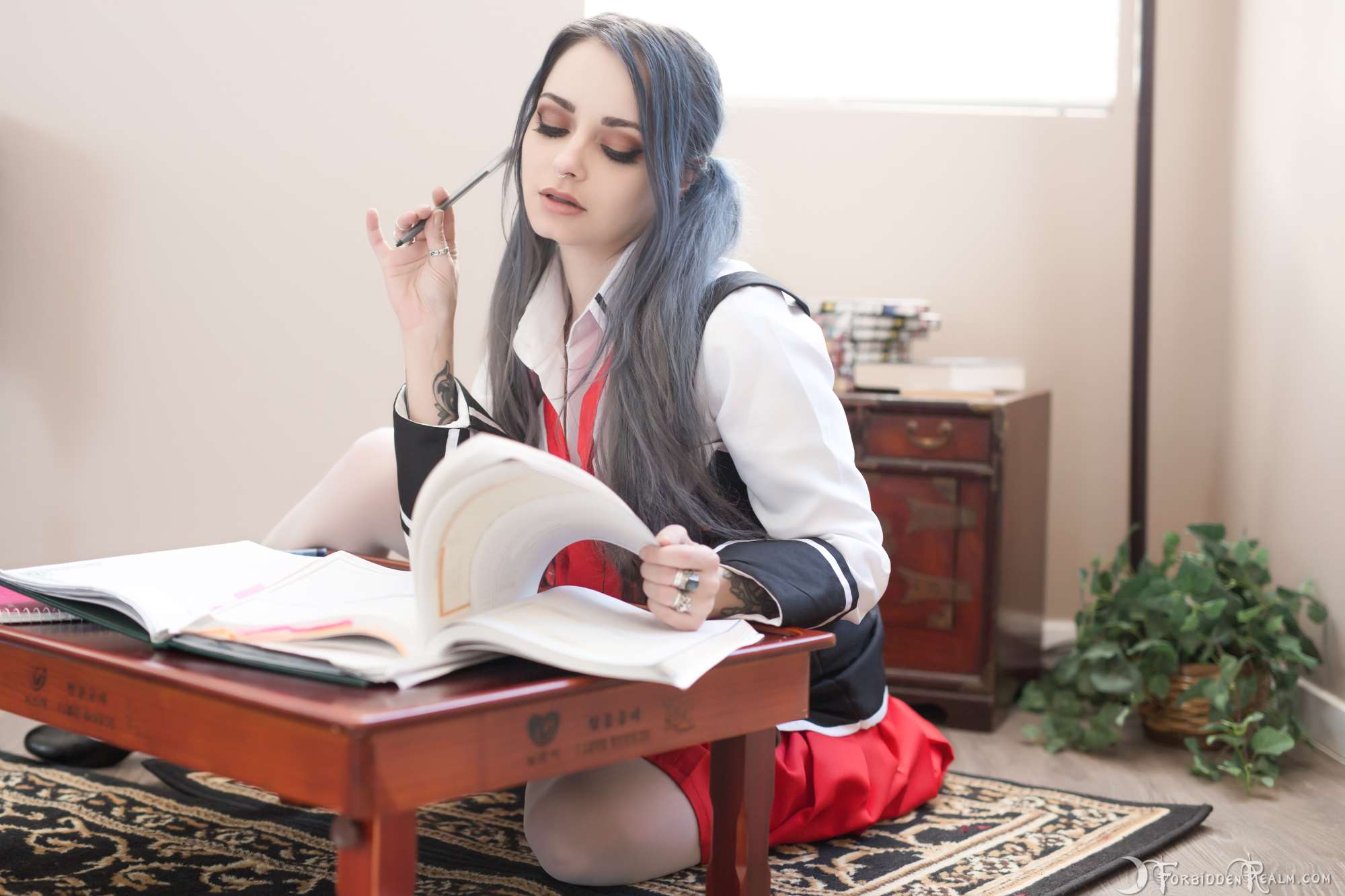 Genevieve studying with books HD Wallpaper