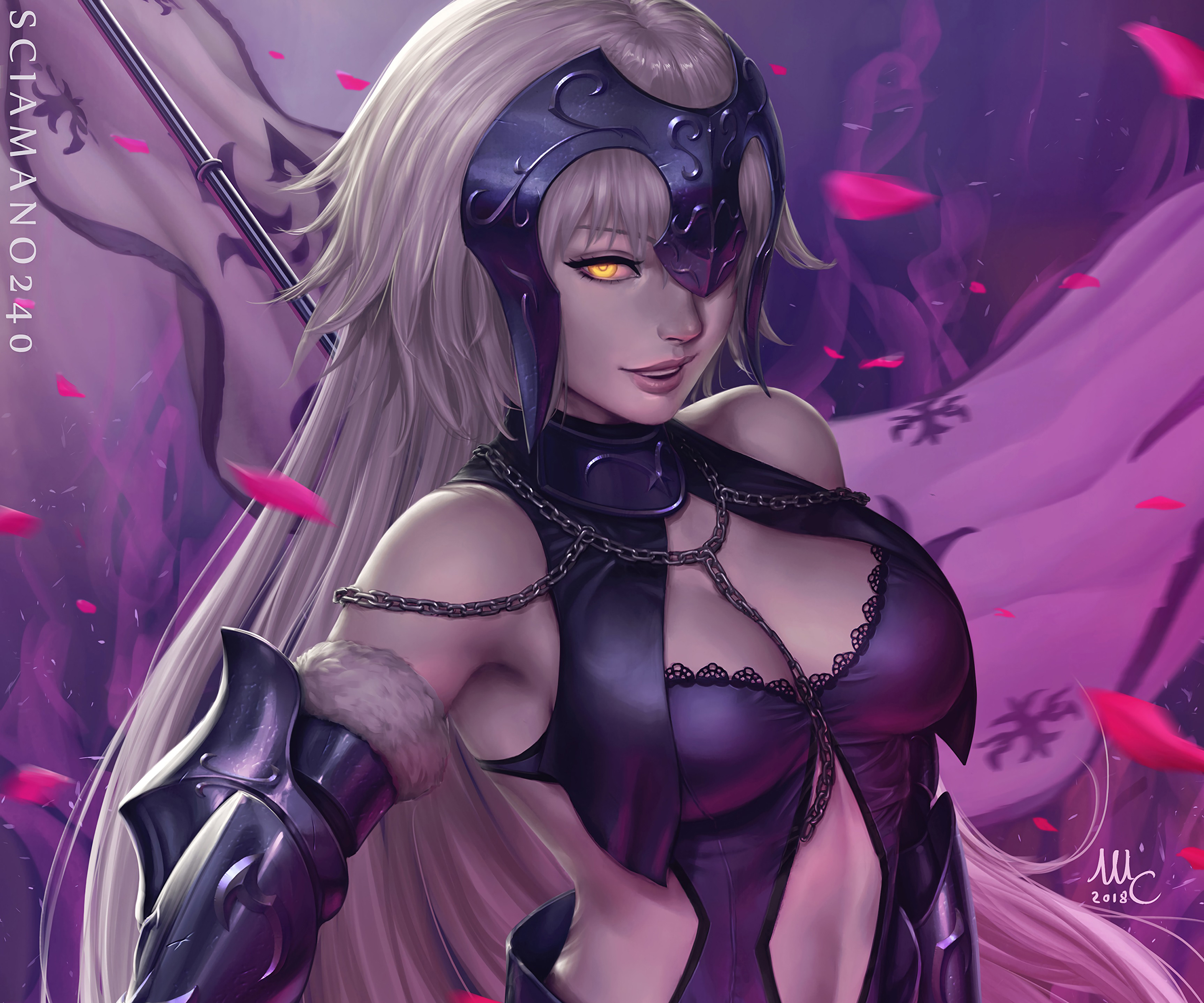video games, Avenger (FateGrand Order), long hair, flag, FateGrand Order, Jeanne (Alter) (FateGrand Order), yellow eyes, Fate Series, white hair, anime girls HD Wallpaper