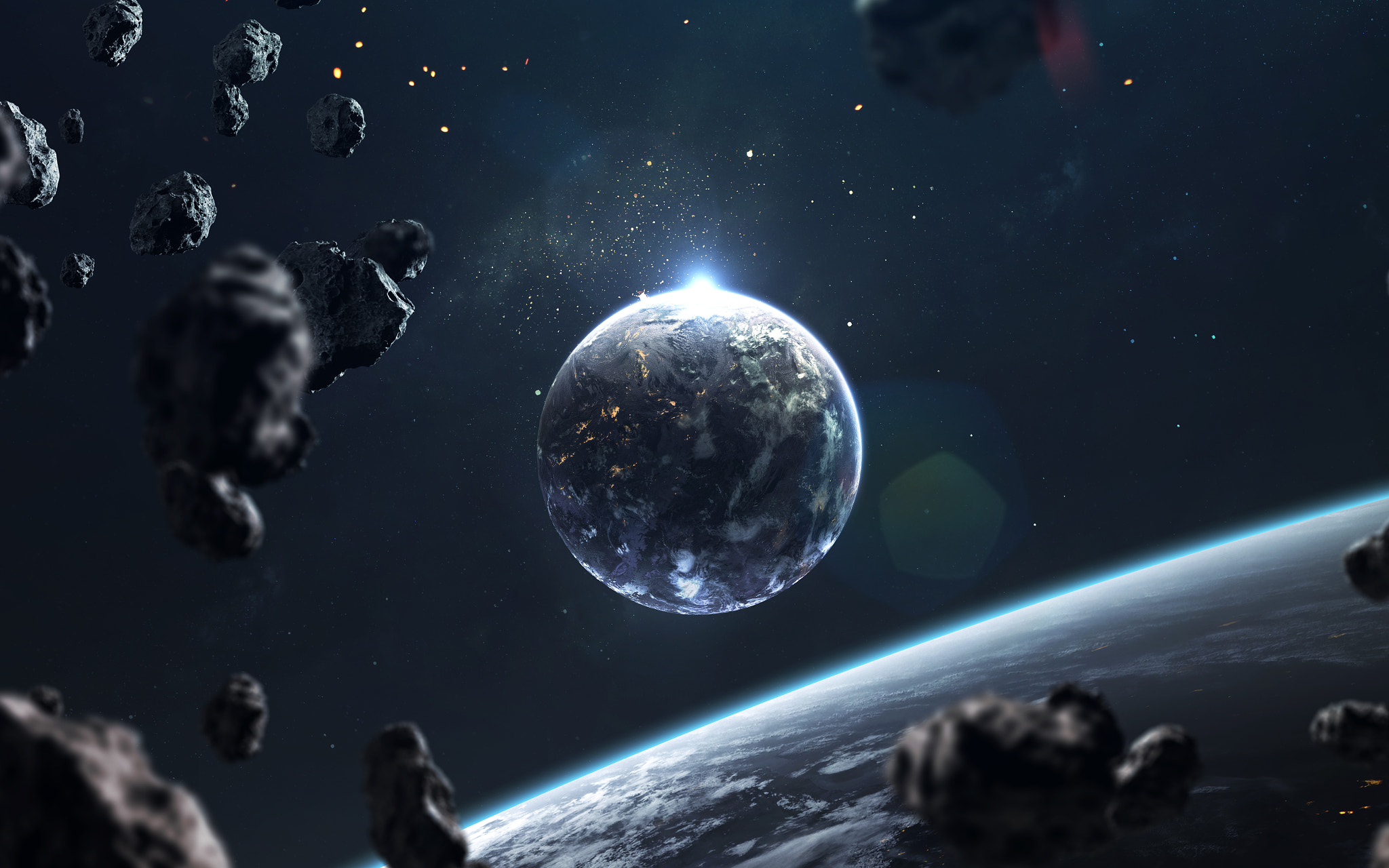 Planet and asteroids in space digital art HD Wallpaper