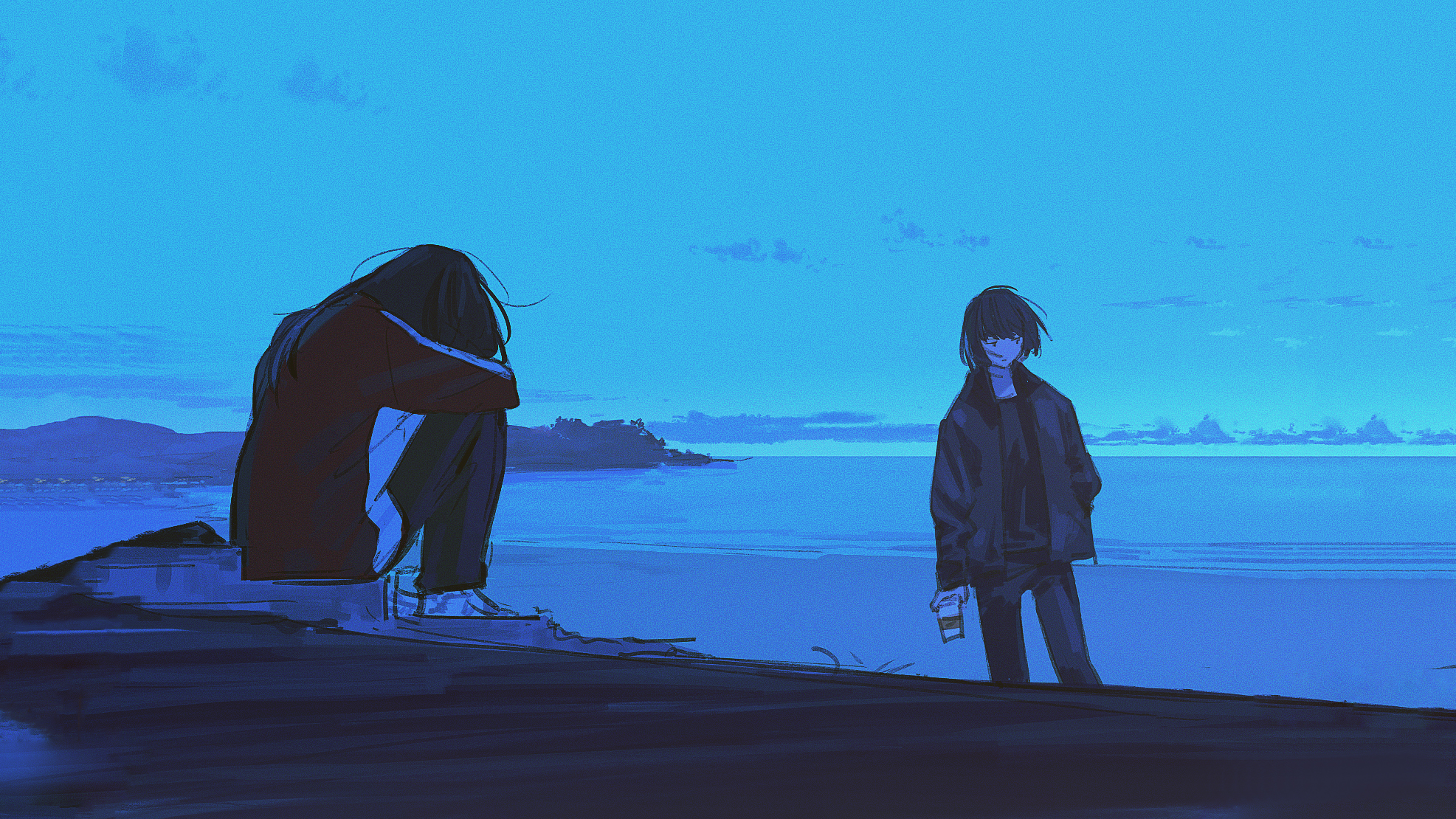 Two figures by the sea at dusk HD Wallpaper