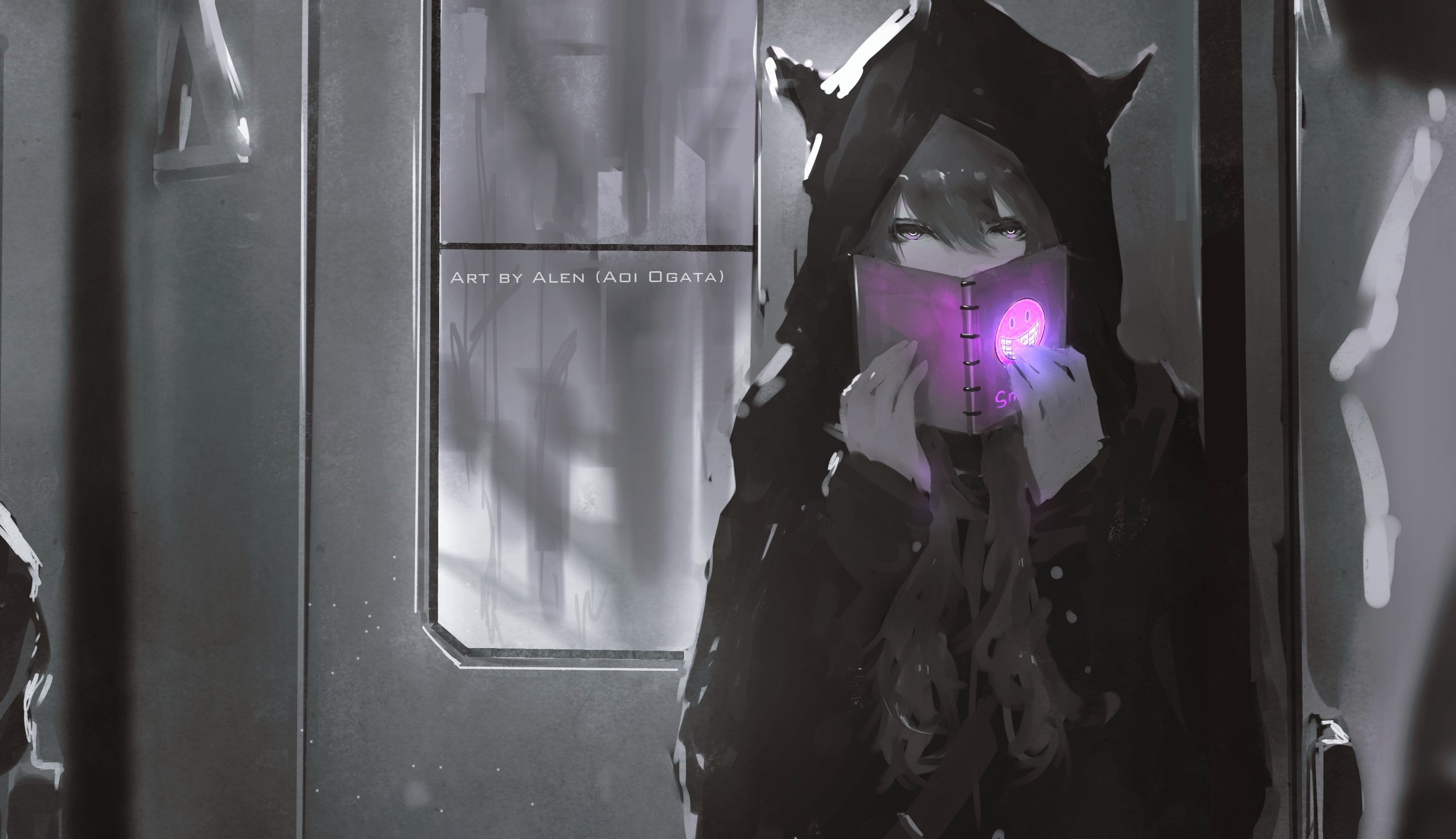 Anime girl in hood holding glowing book HD Wallpaper