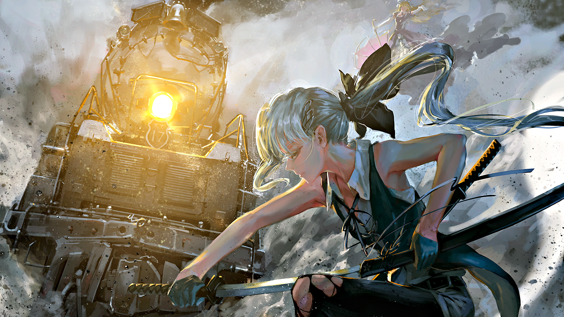 Anime girl with swords and a train HD Wallpaper