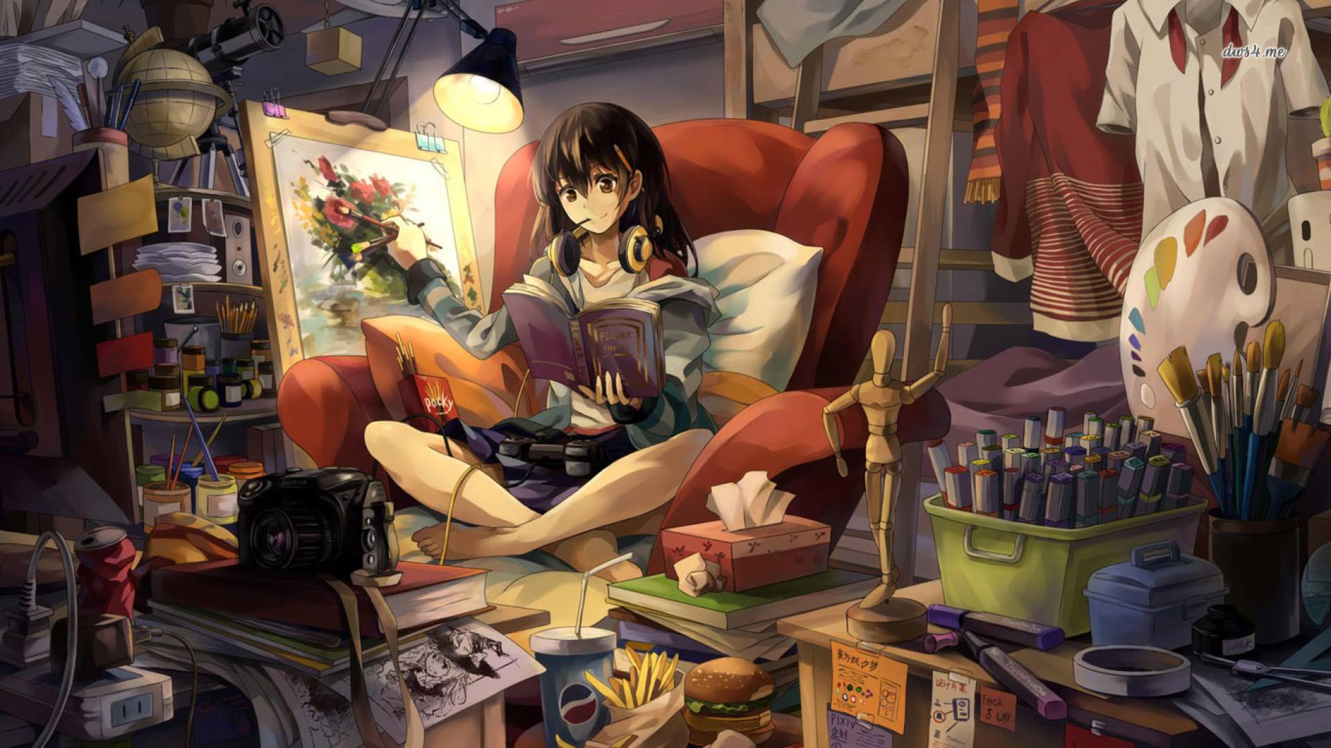 Anime girl reading a book in a messy art studio HD Wallpaper