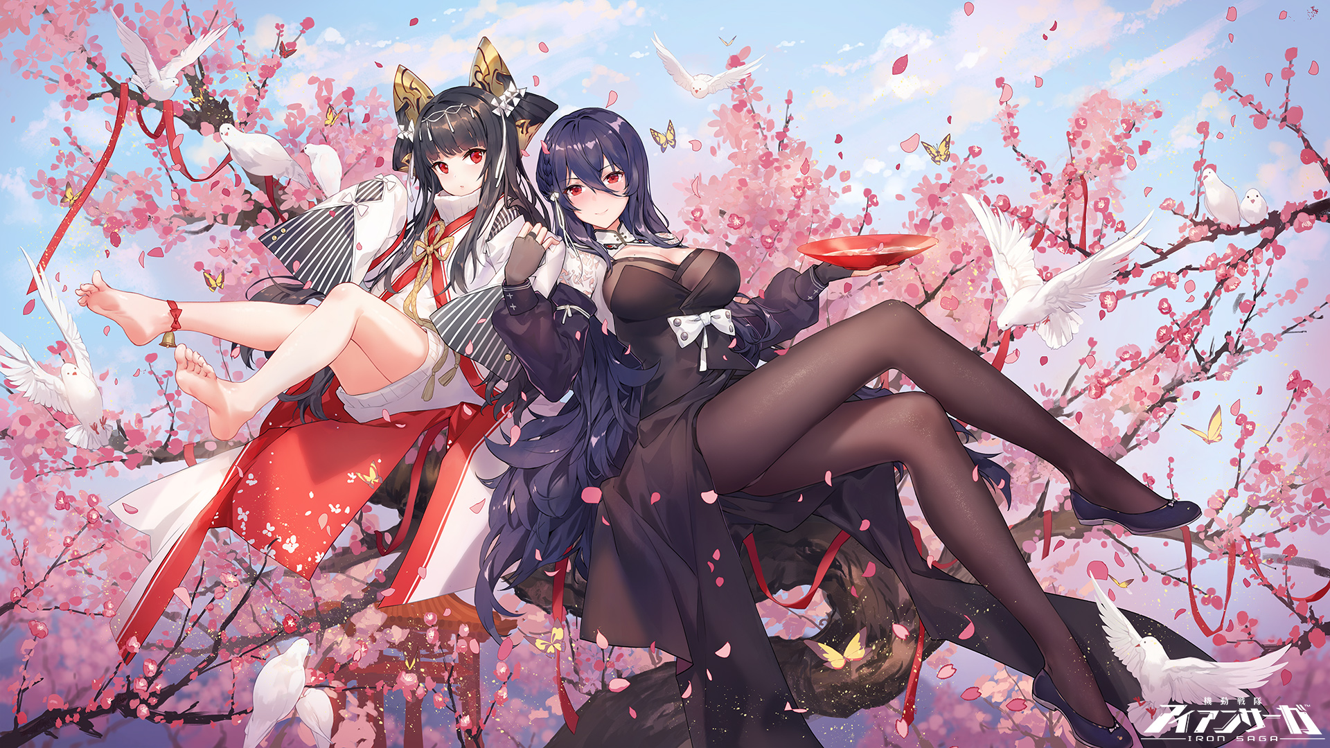 Two anime girls in a cherry blossom tree HD Wallpaper