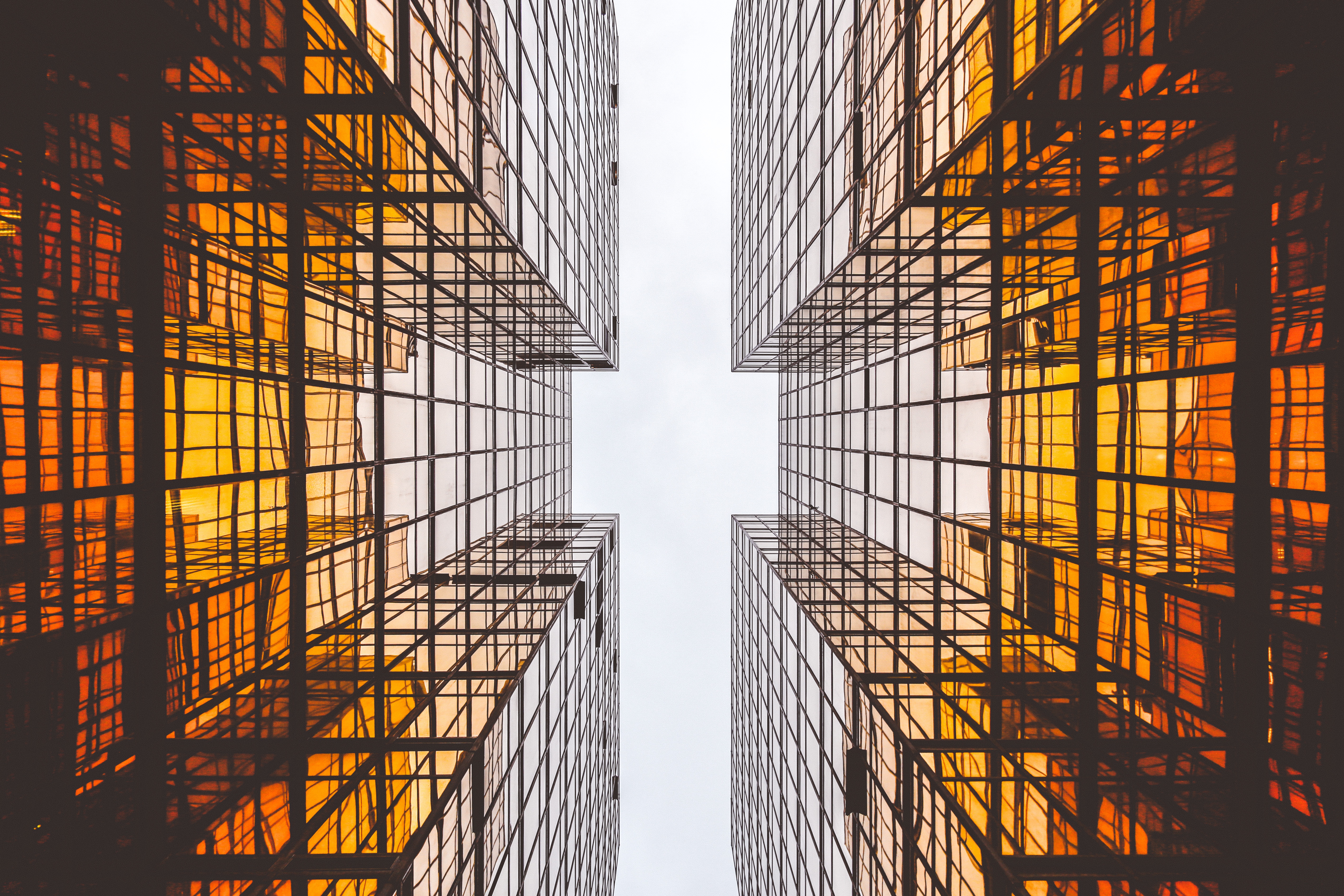 Looking up at golden glass buildings HD Wallpaper
