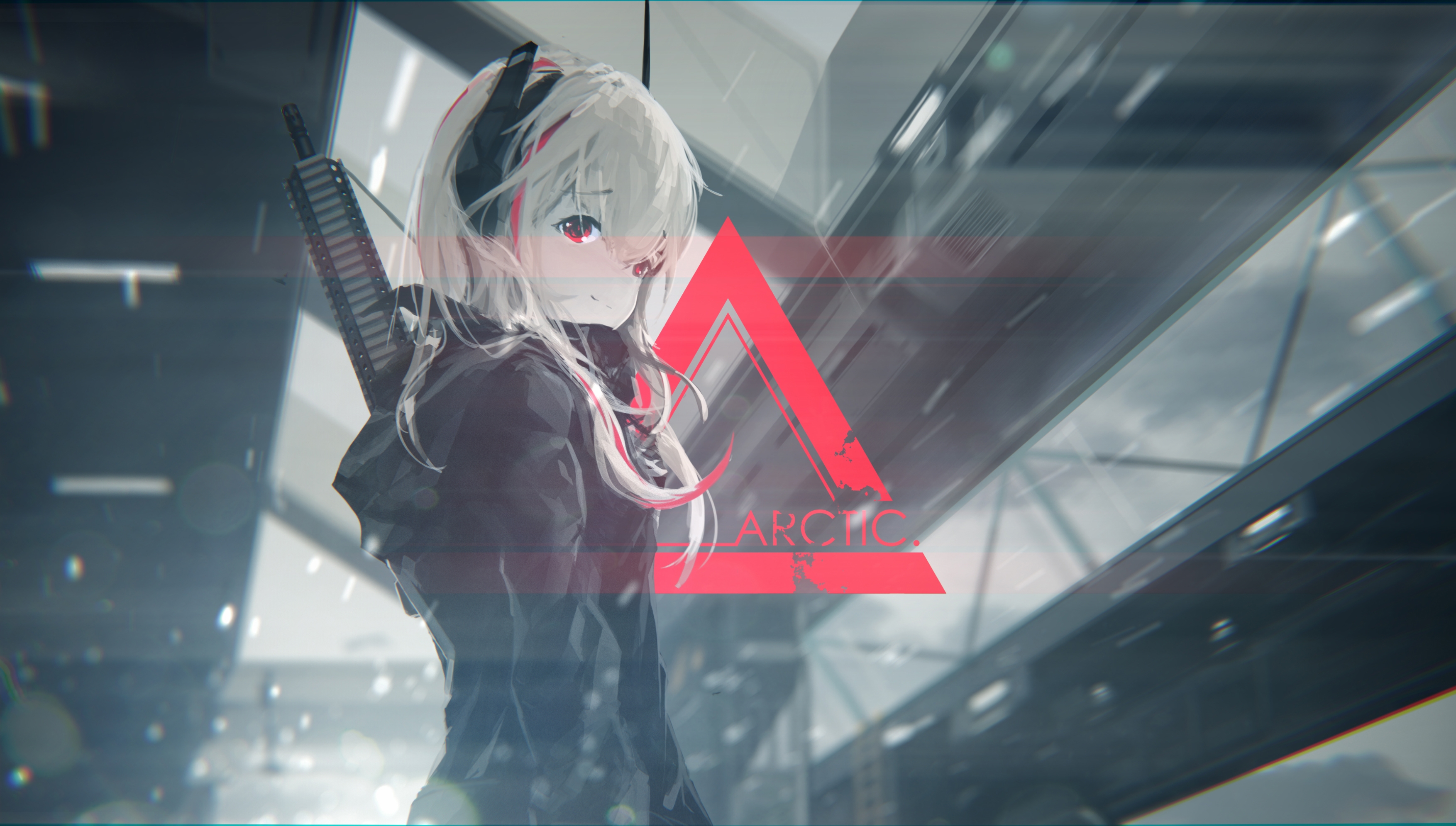 Anime girl with rifle and red triangle logo HD Wallpaper
