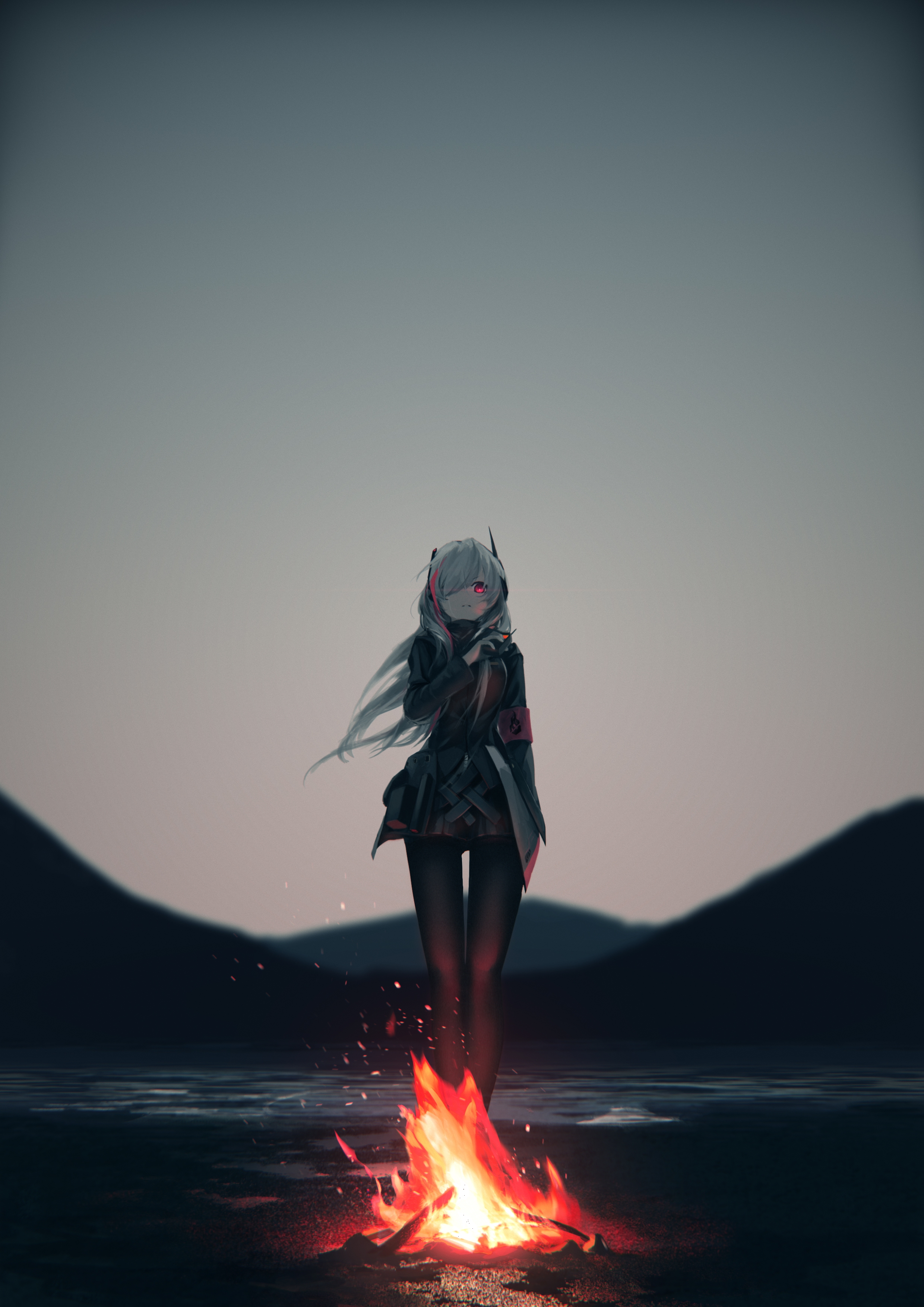 Anime girl with white hair by campfire HD Wallpaper