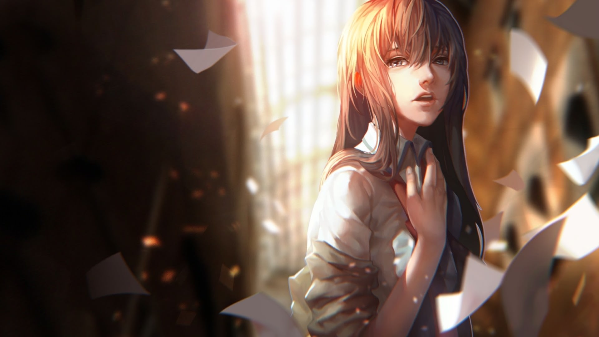 Anime girl with brown hair in white shirt HD Wallpaper