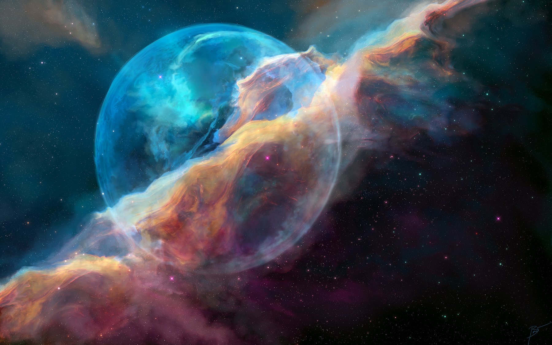 Cosmic nebula with planets and stars HD Wallpaper