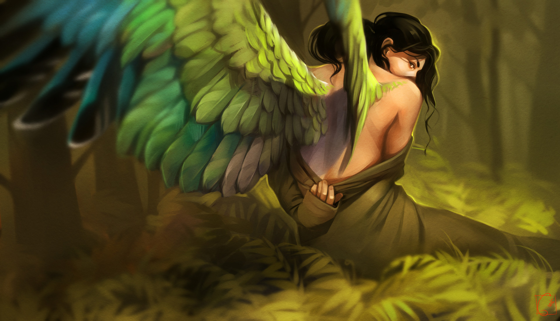 Woman with green wings in a forest HD Wallpaper