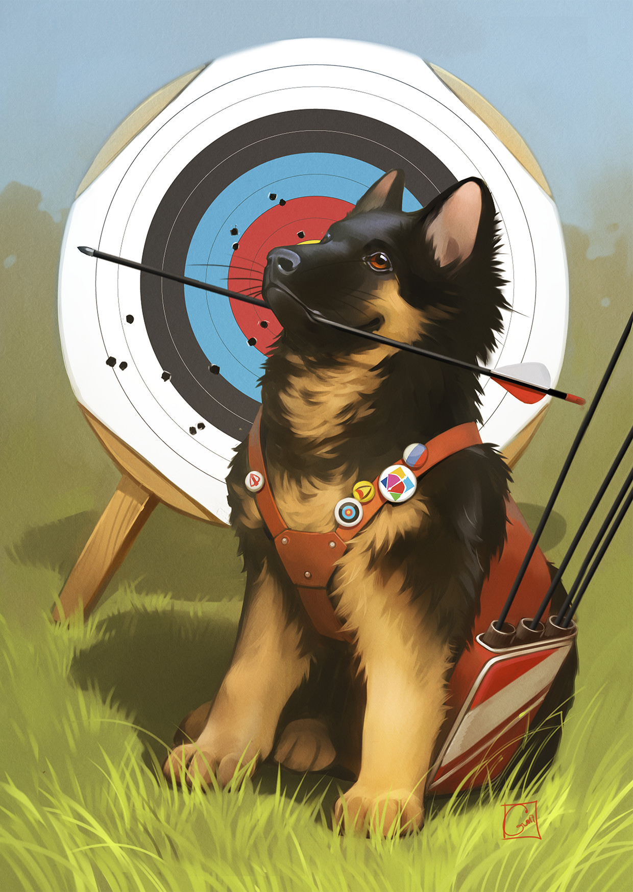 German Shepherd dog with arrows and archery target HD Wallpaper