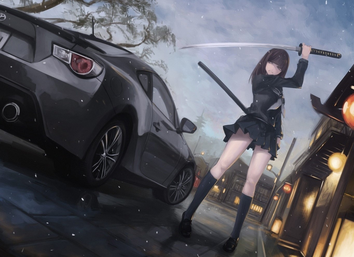 Anime girl with katana next to a car HD Wallpaper