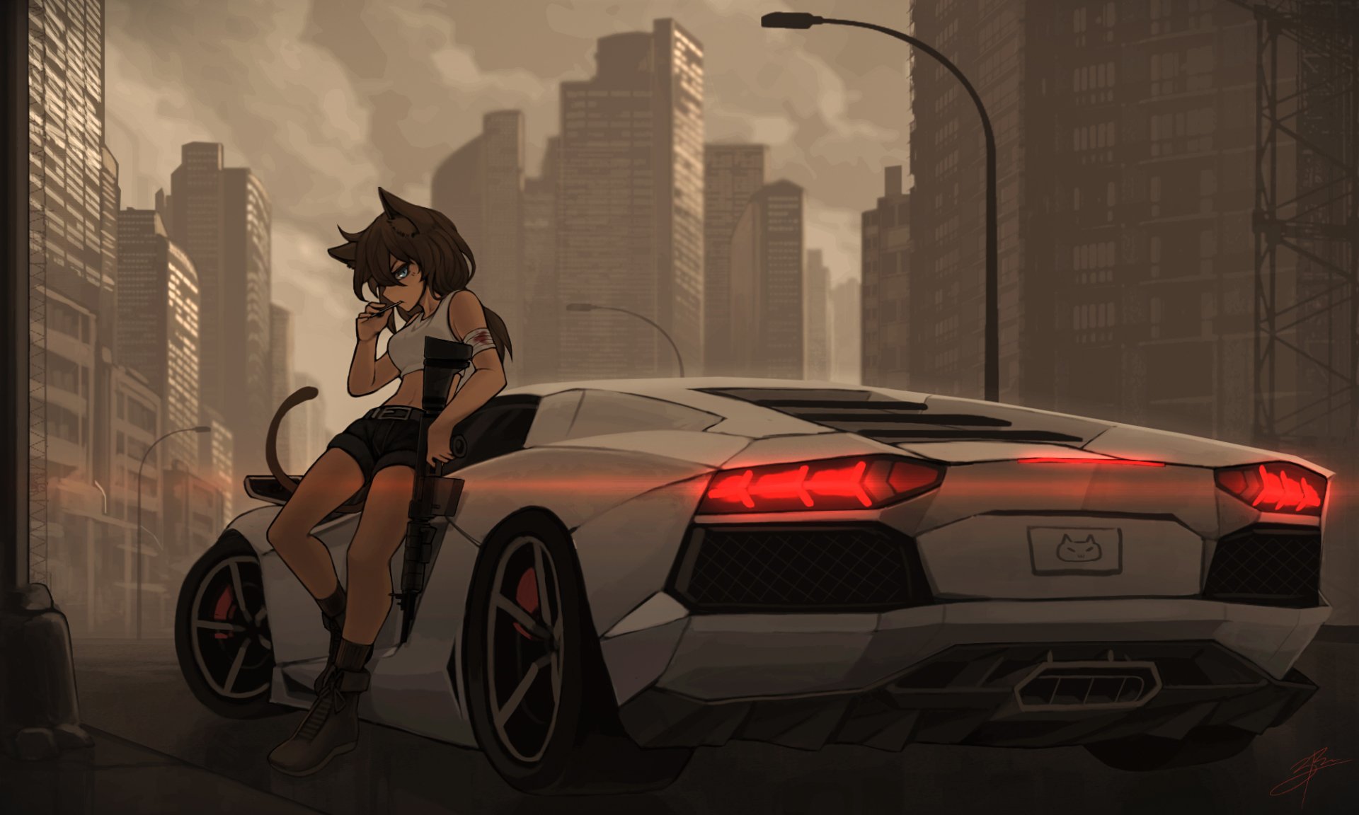 Anime girl with cat ears and a sports car in a city HD Wallpaper