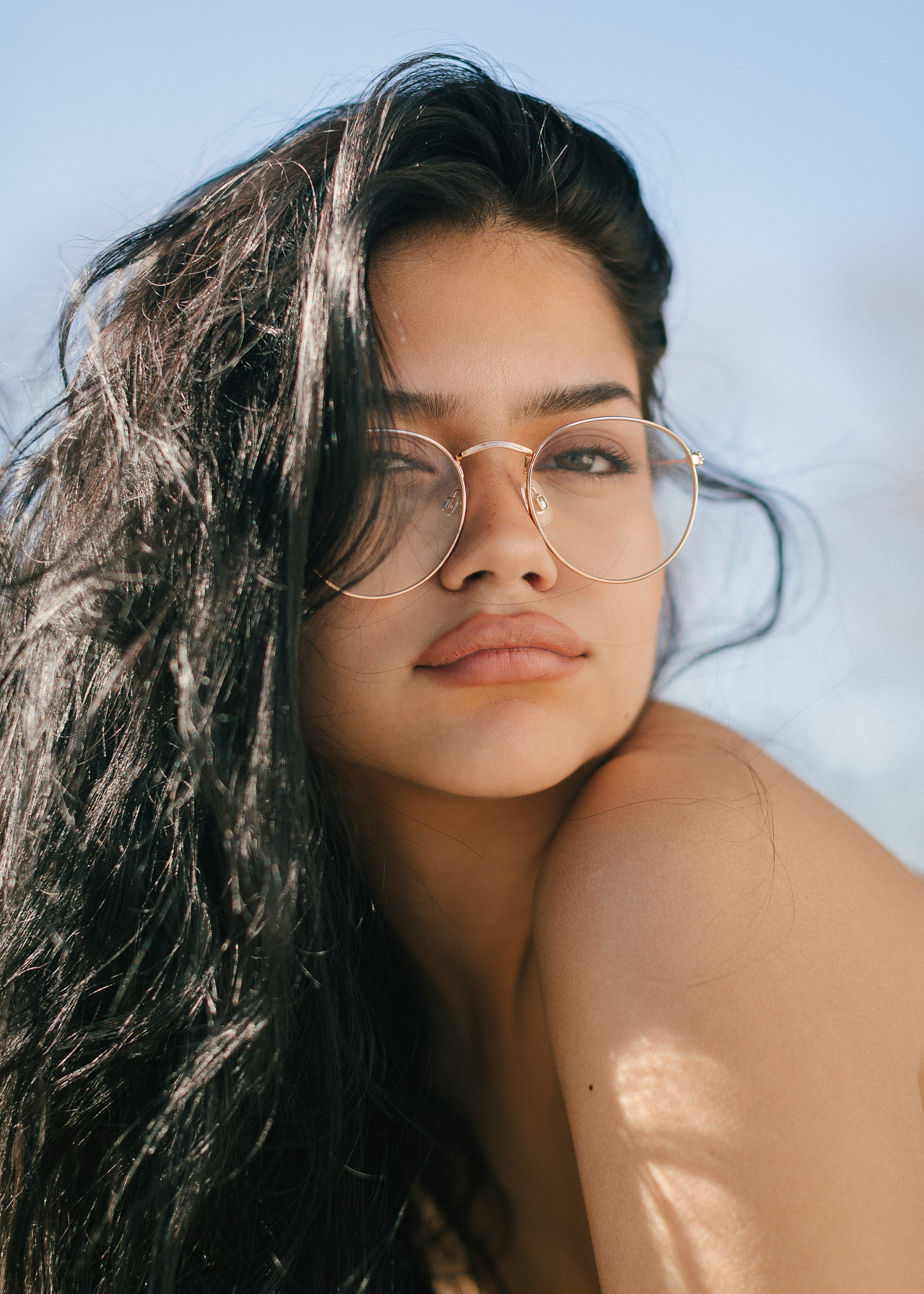 Woman with long dark hair and glasses HD Wallpaper