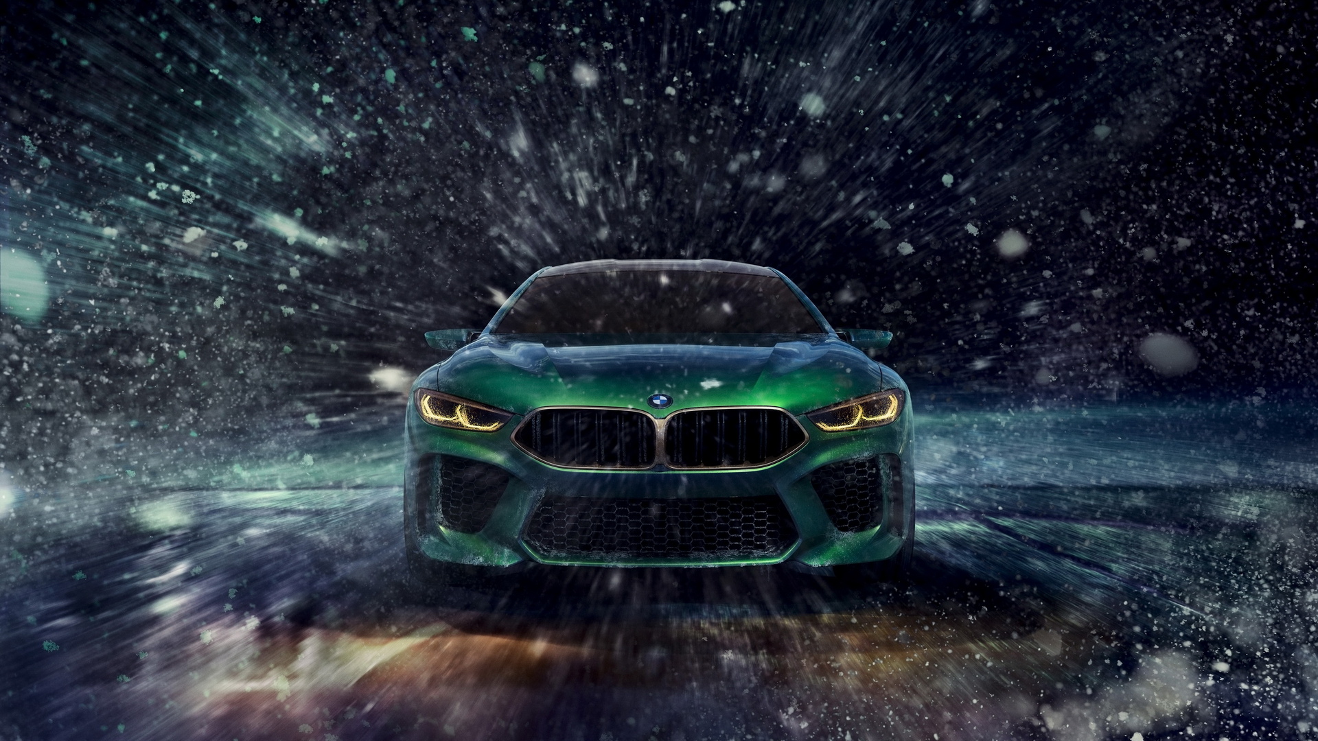 Green BMW car in snowstorm HD Wallpaper