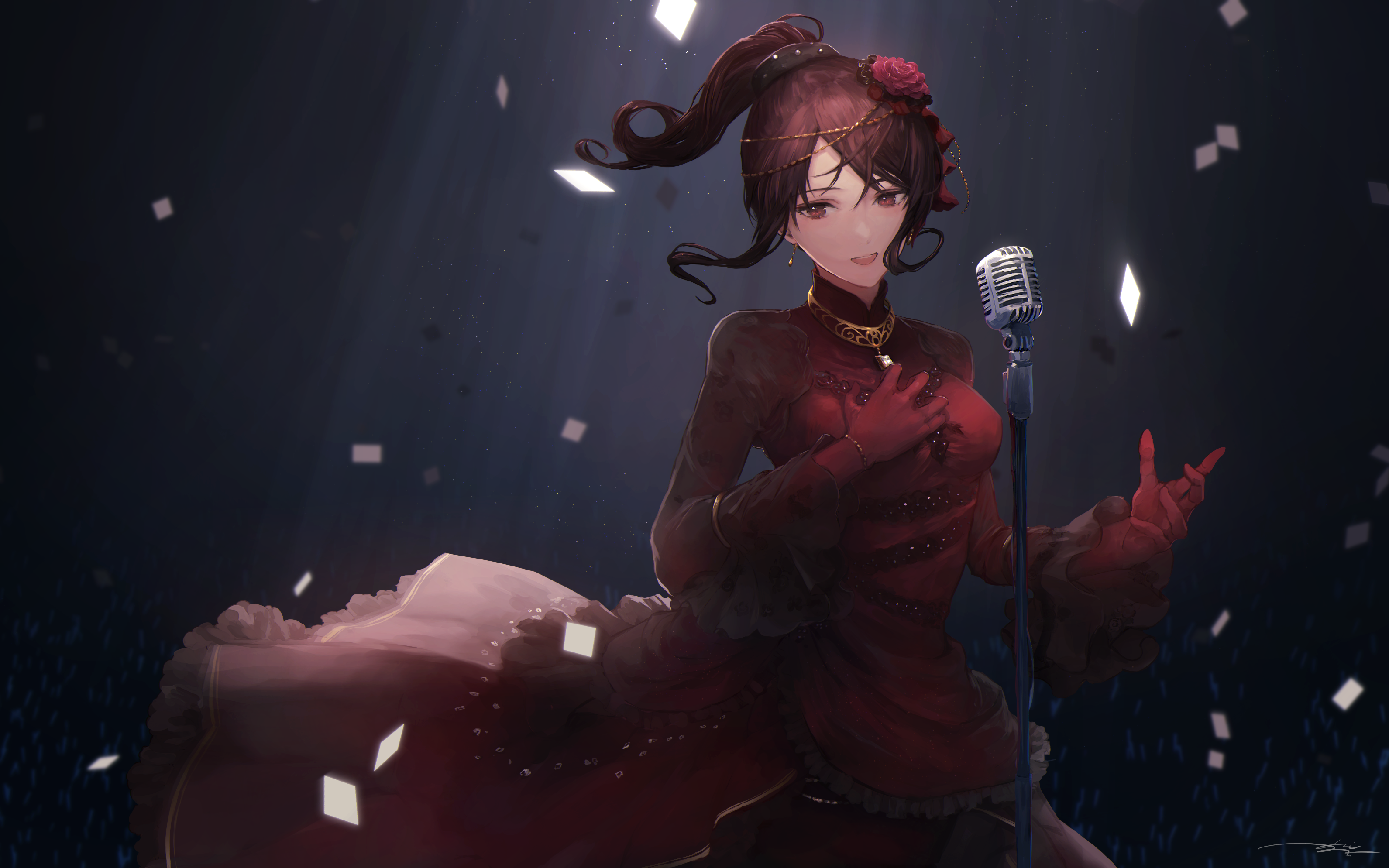Singer in a red dress performing with a microphone HD Wallpaper