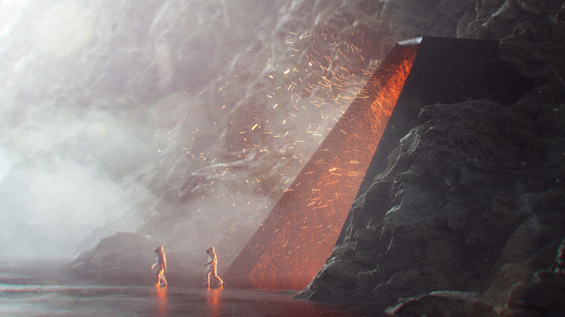 Two figures approach a glowing monolith in a rocky cave HD Wallpaper