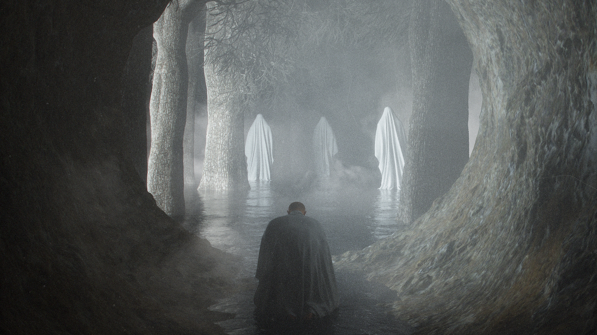 Man in cloak facing ghosts in a foggy forest HD Wallpaper