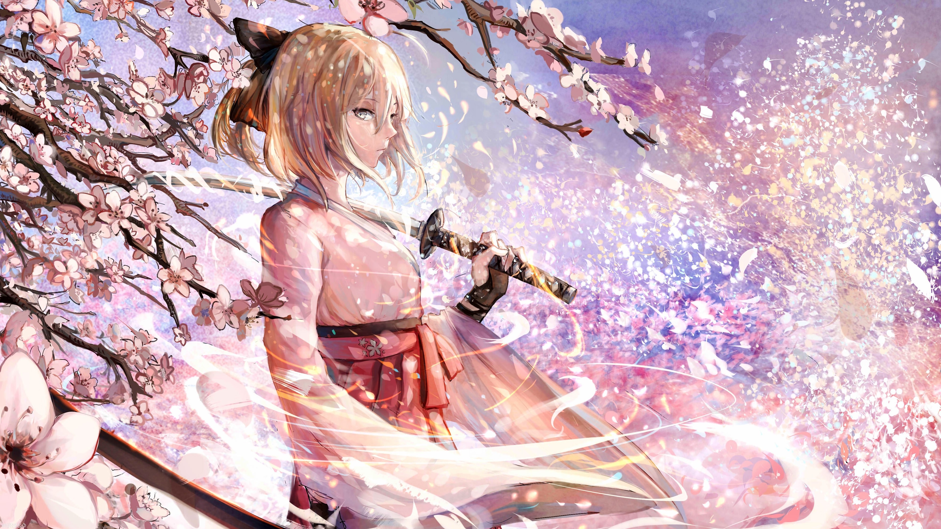 Sakura Saber from Fate/Grand Order with Cherry Blossoms HD Wallpaper