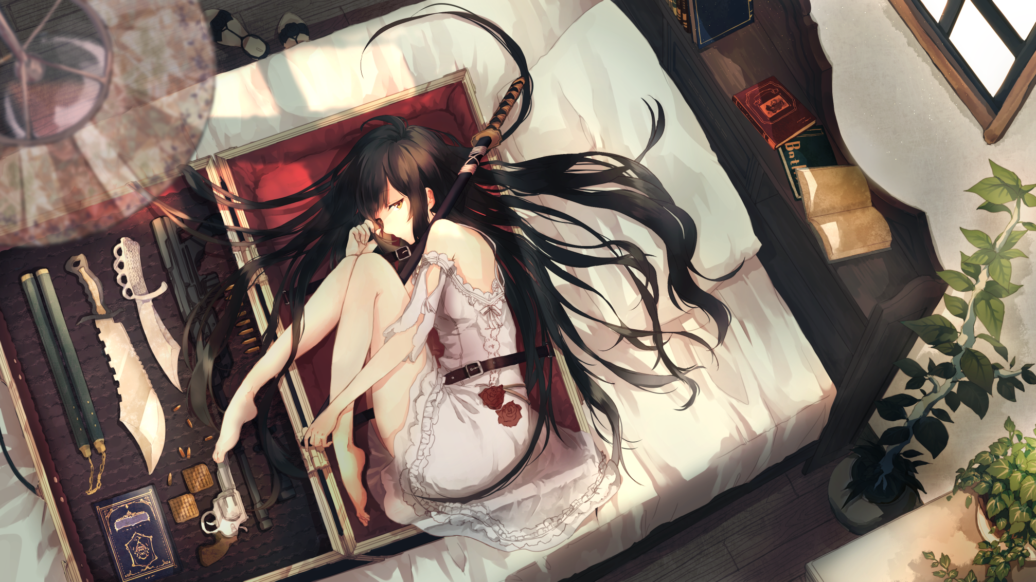 Anime girl with katana and weapons HD Wallpaper