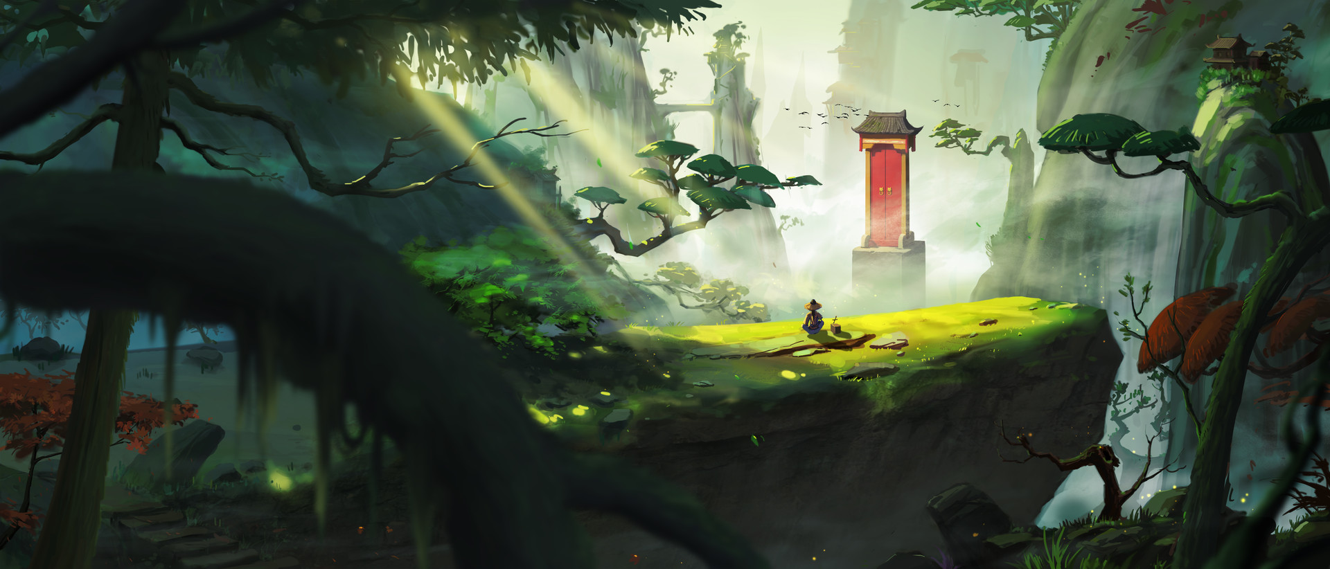 Man meditating in a mystical forest with a red pagoda HD Wallpaper