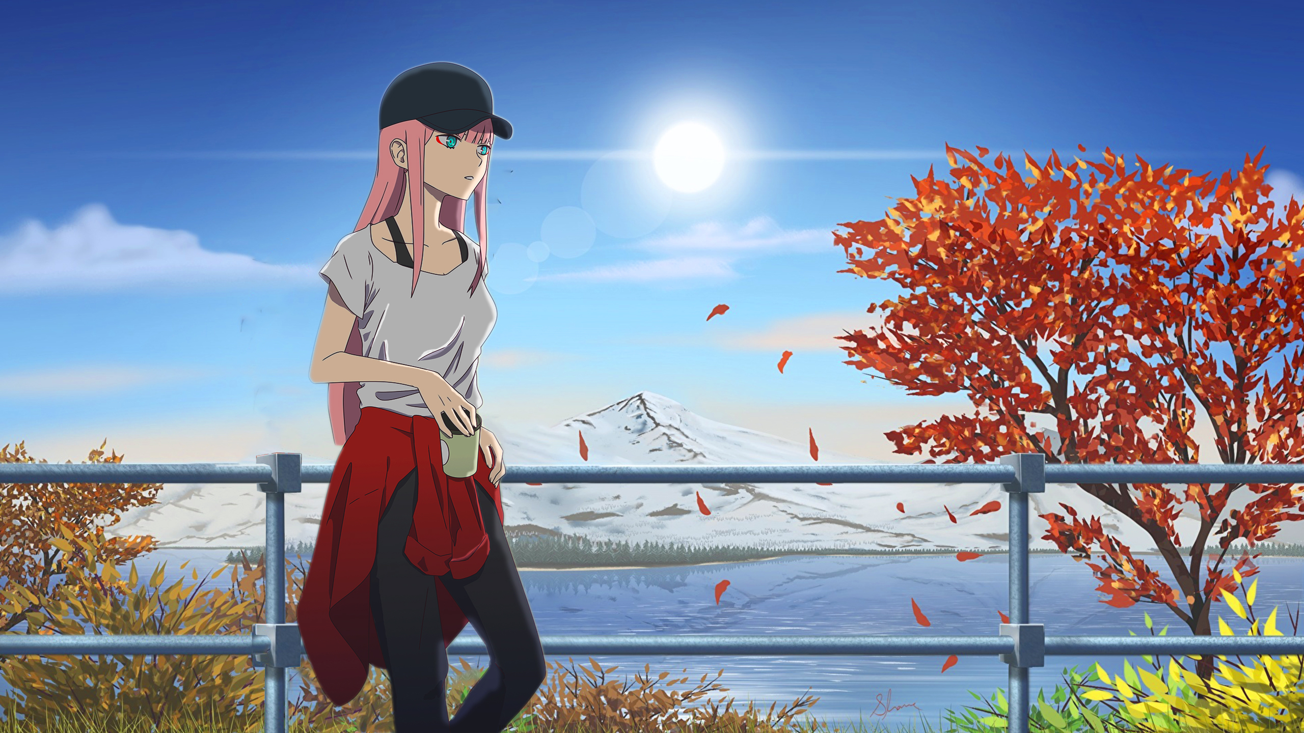 Zero Two from Darling in the FranXX by a lake HD Wallpaper