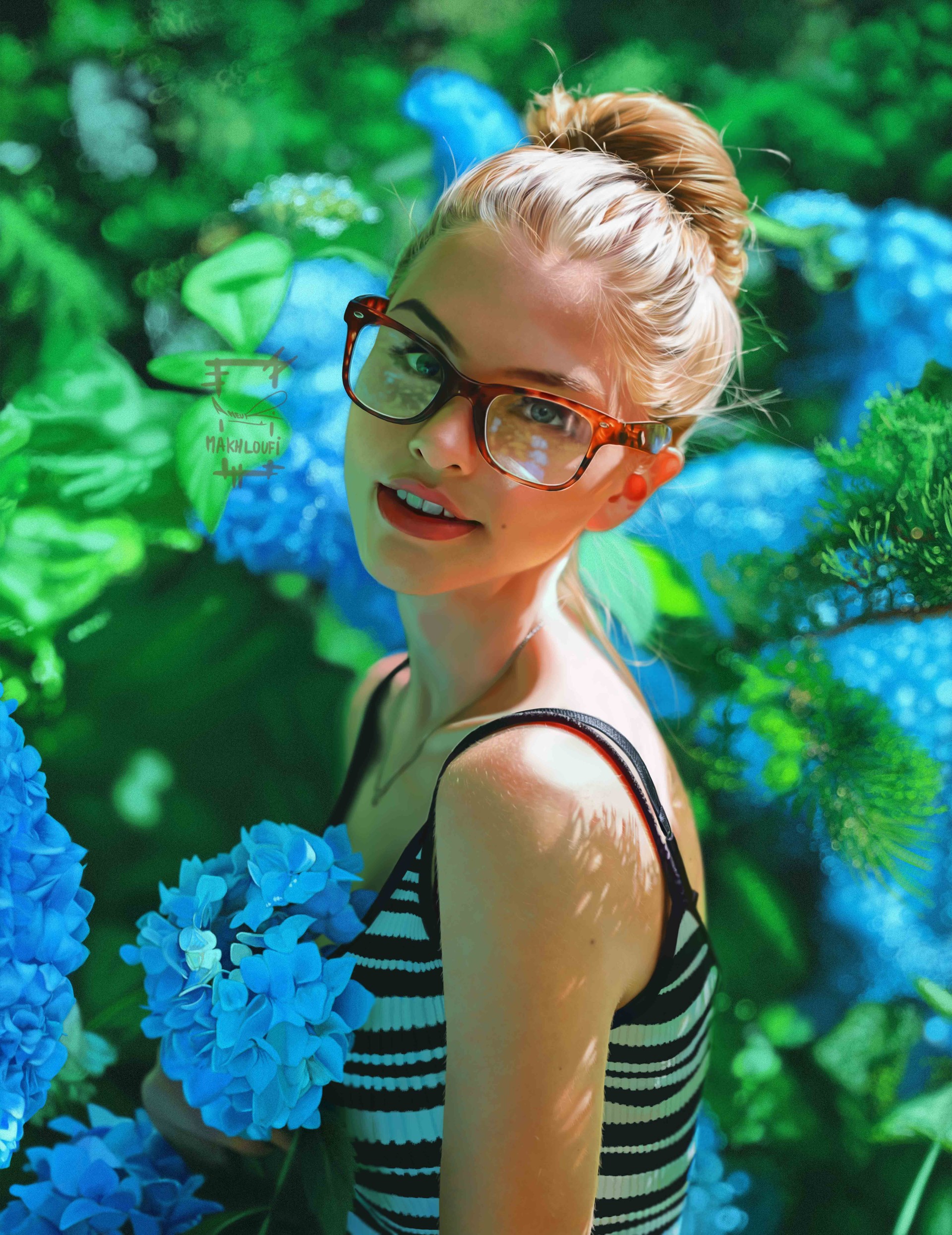 Woman with glasses in a garden with hydrangeas HD Wallpaper