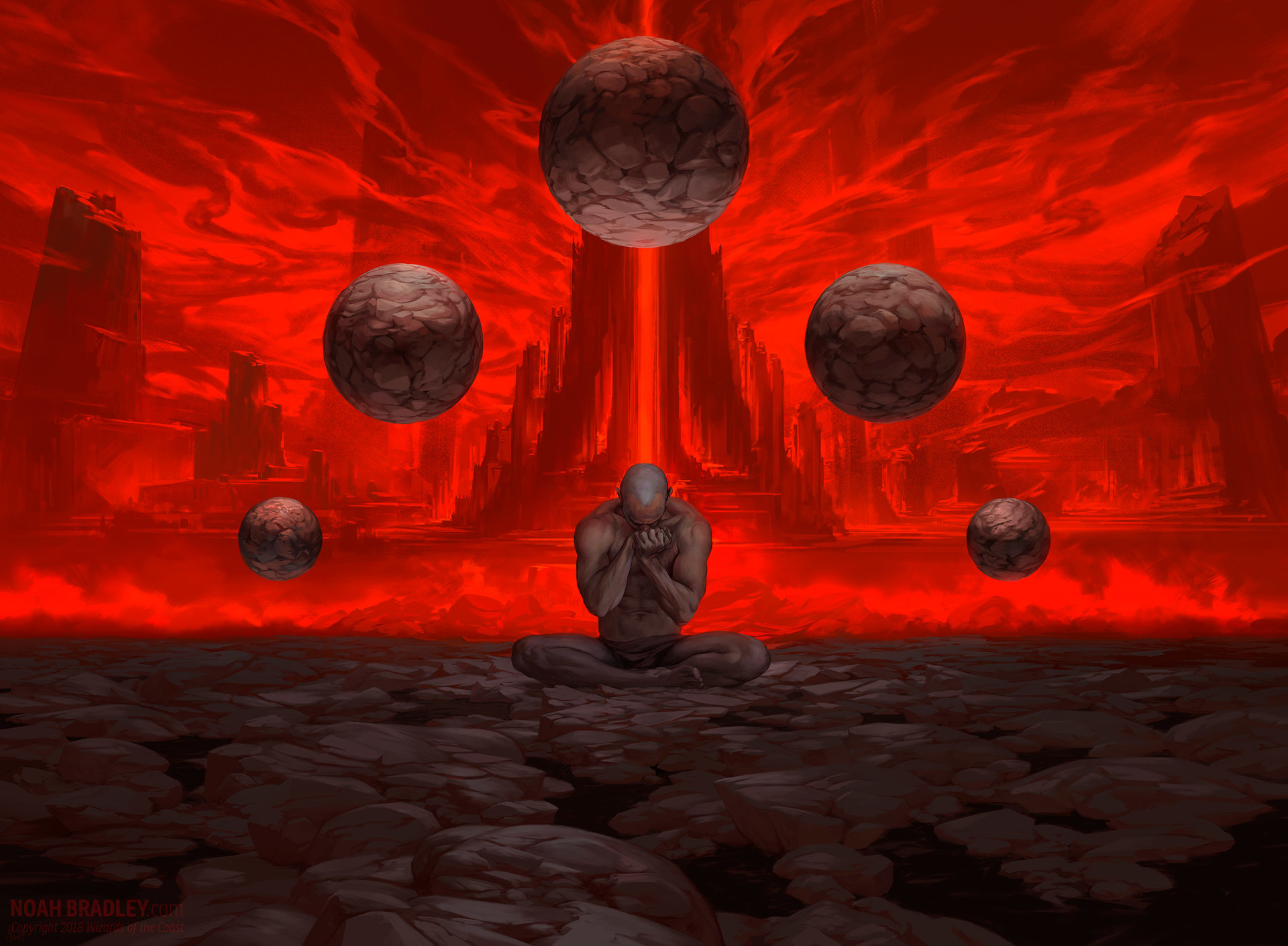 Man meditating with orbs in a red landscape HD Wallpaper