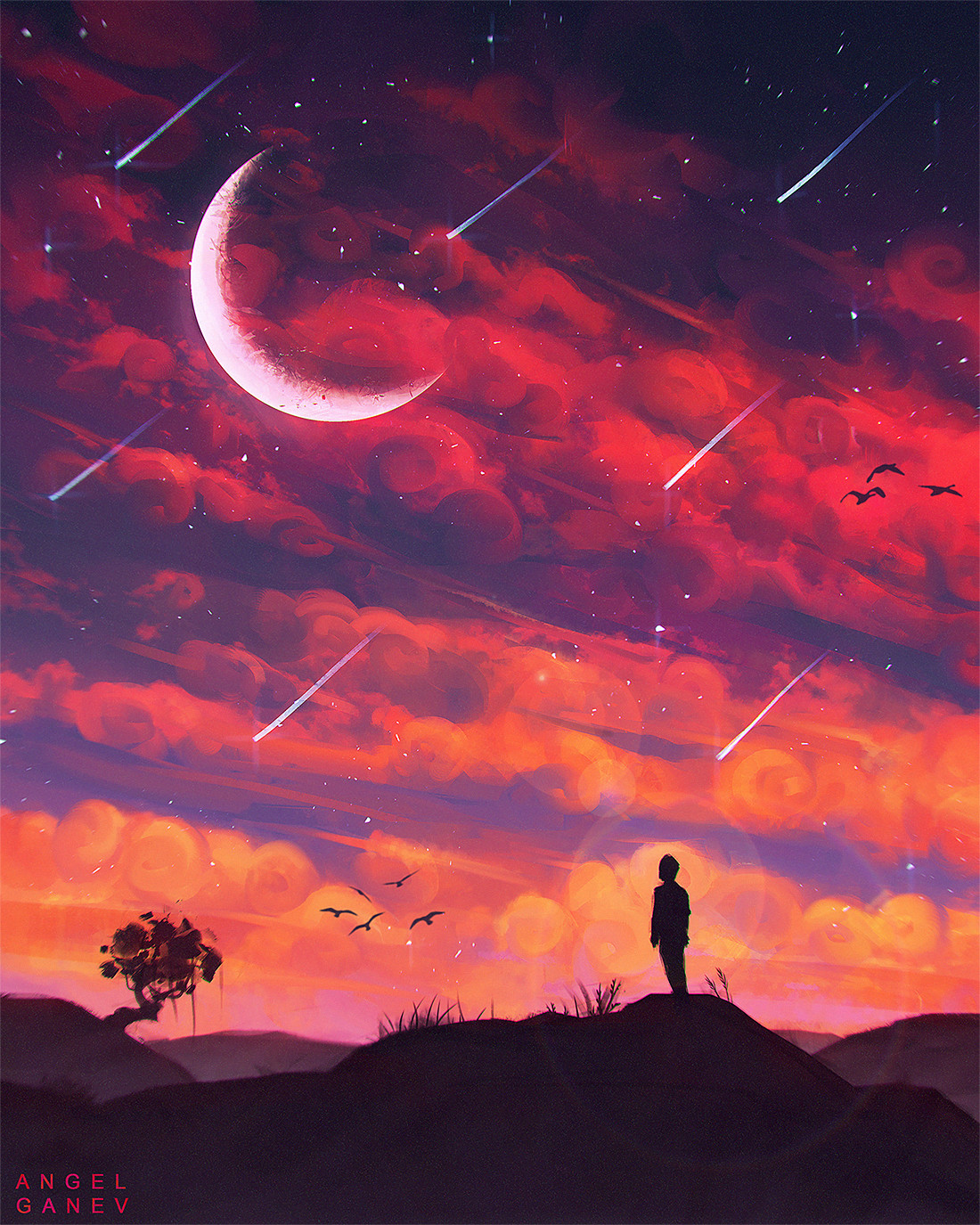 Crescent Moon and Meteor Shower Over Landscape HD Wallpaper