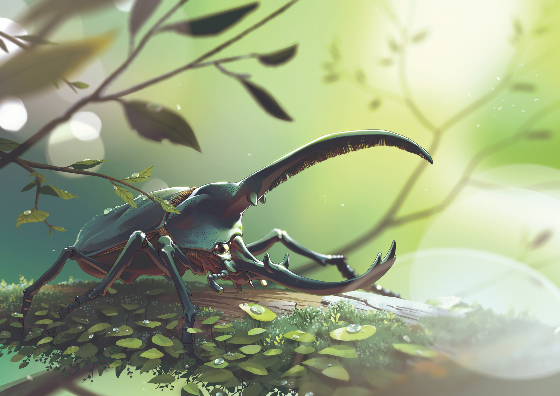 Painting of a beetle on a branch with leaves HD Wallpaper