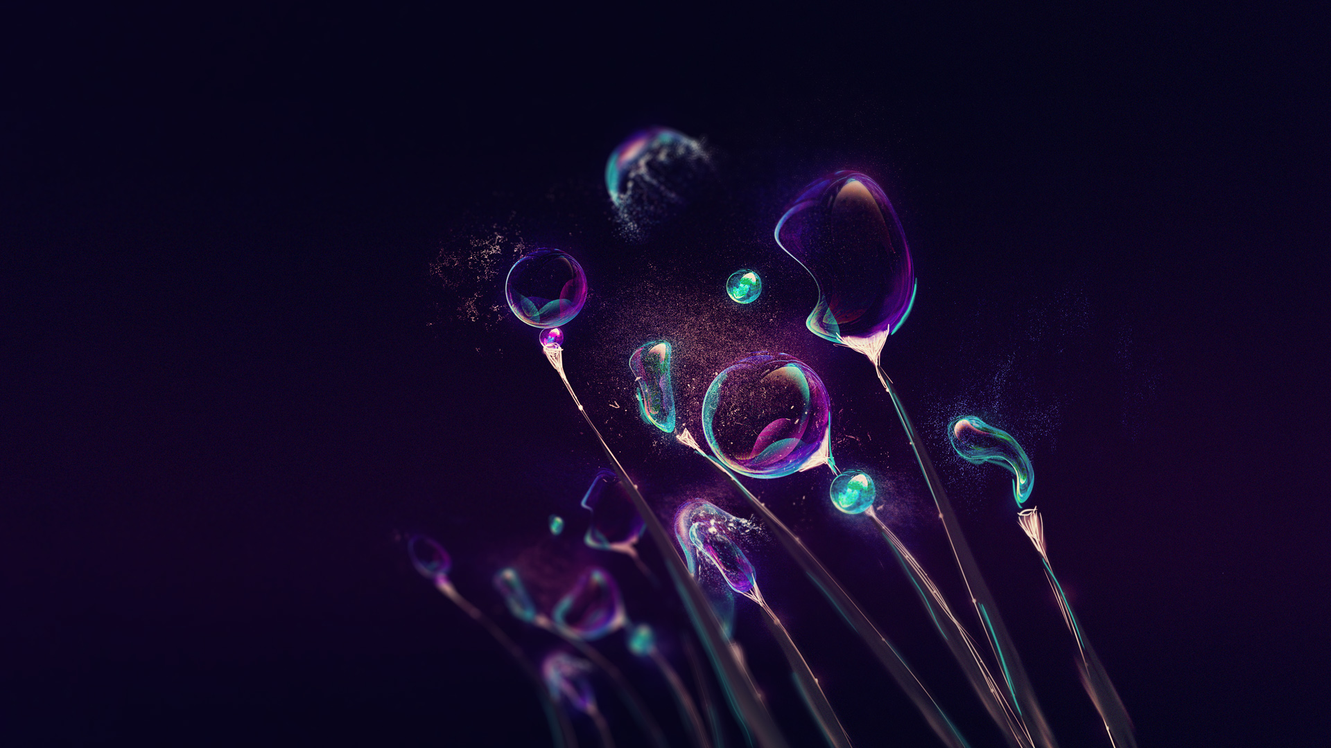 Abstract bubbles with iridescent colors on dark background HD Wallpaper