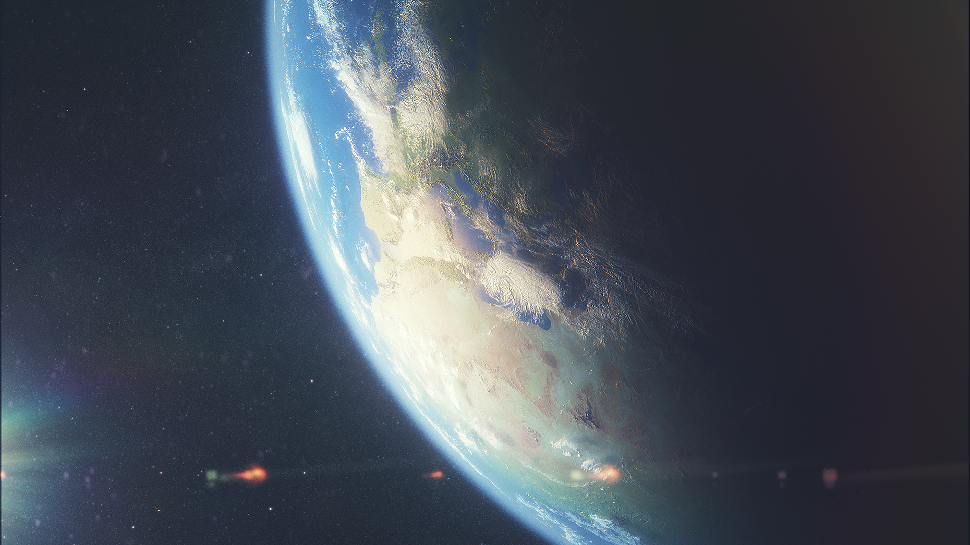 Earth from space with stars and lens flares HD Wallpaper