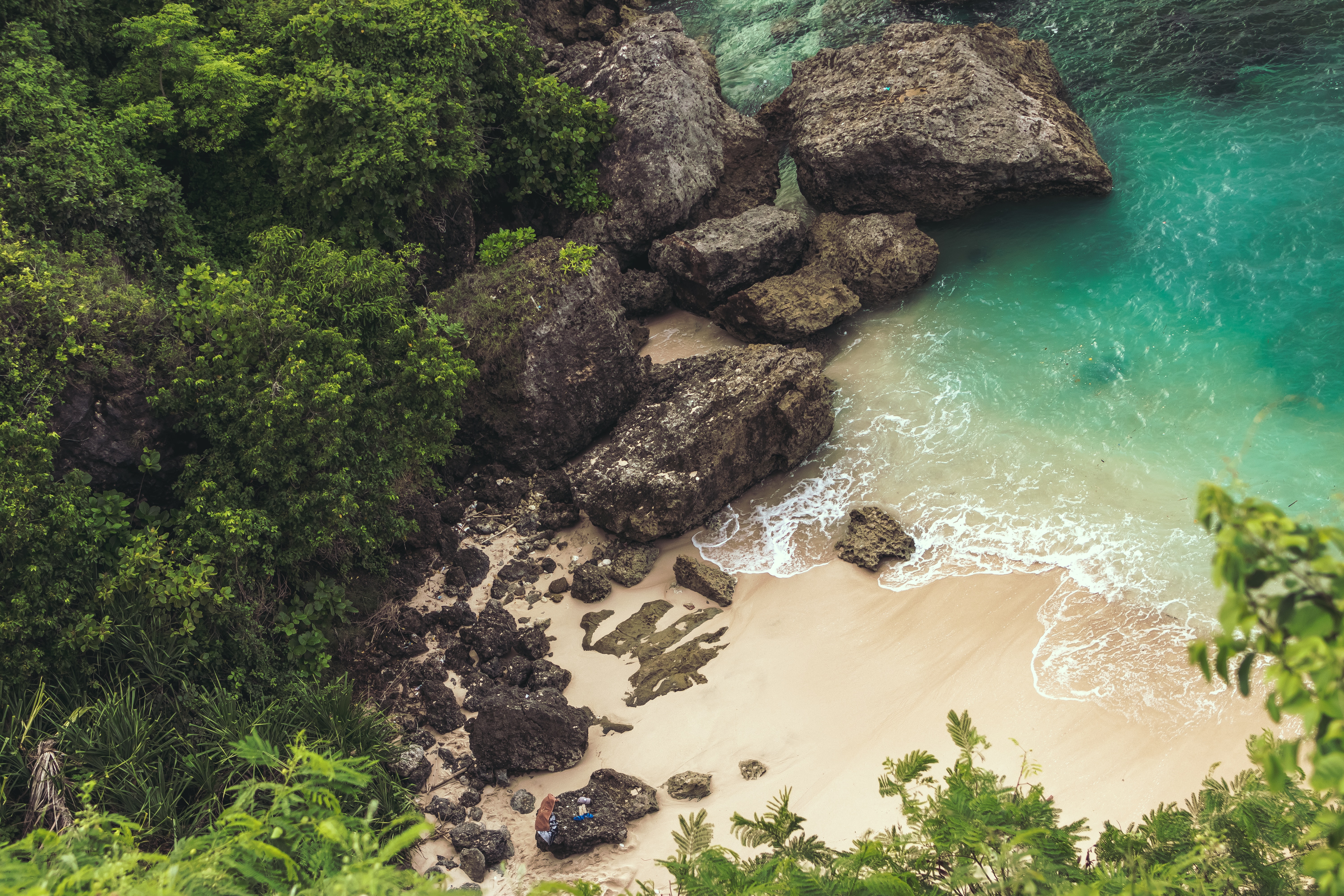Rocky beach with turquoise water and green trees HD Wallpaper
