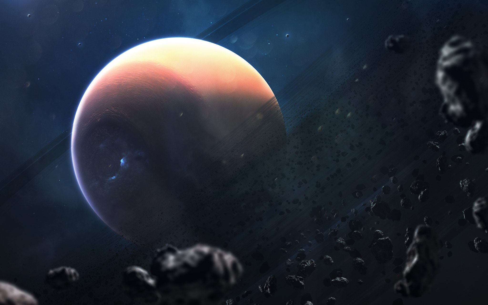 Planet with rings and asteroids in space HD Wallpaper