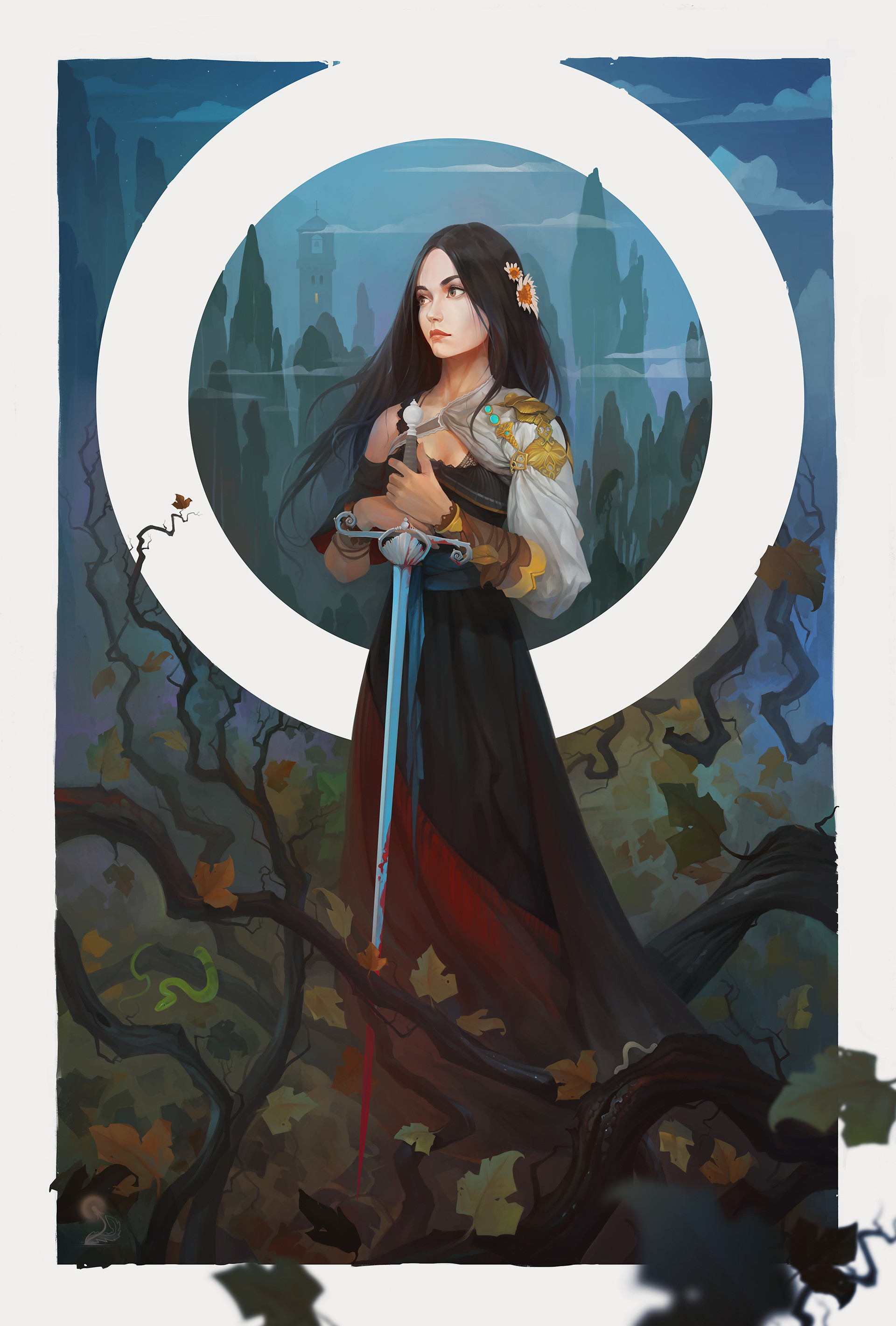 Woman with sword in a forest HD Wallpaper