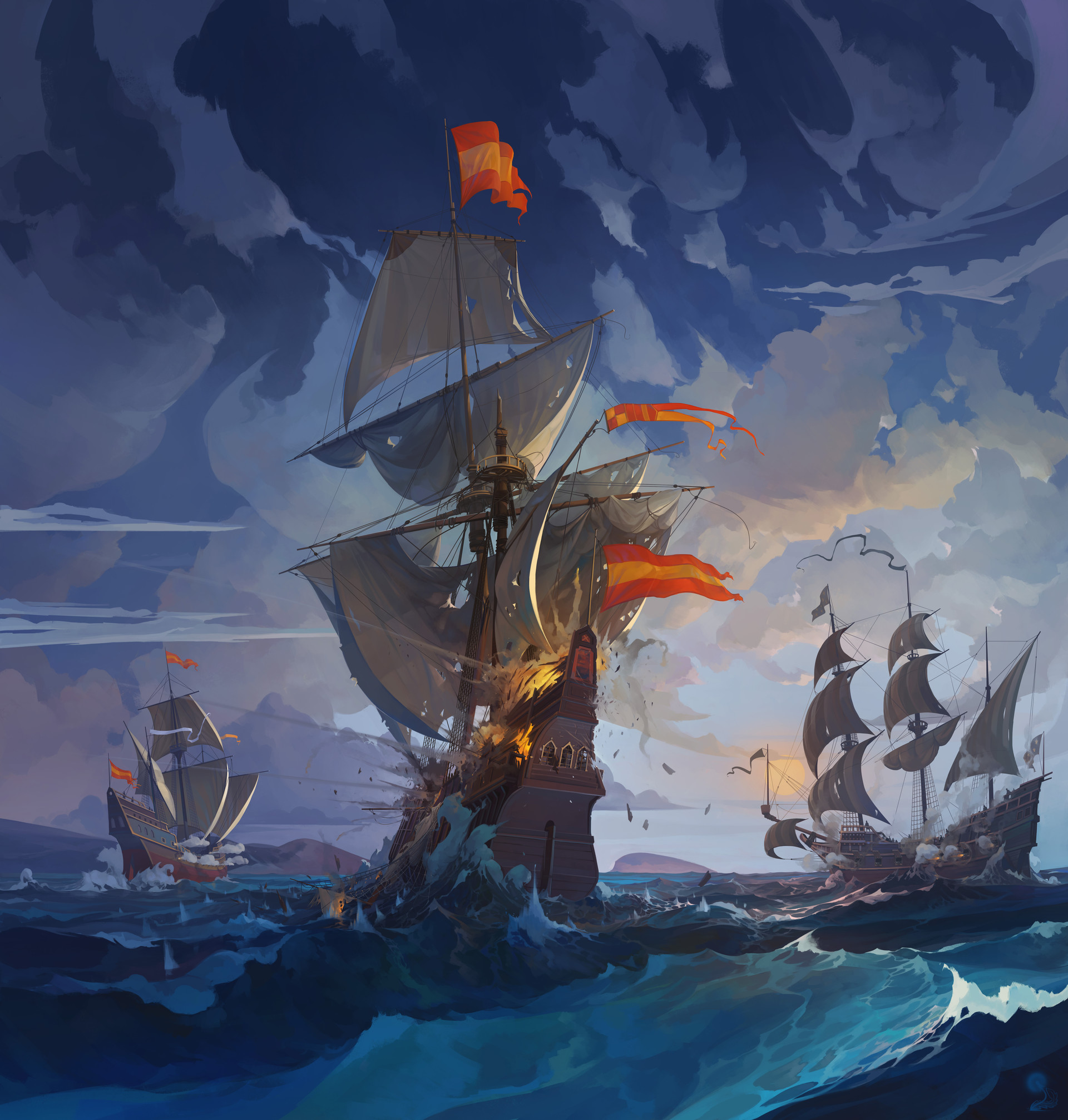 Ships in a stormy sea, digital art by Igor Artyomenko HD Wallpaper