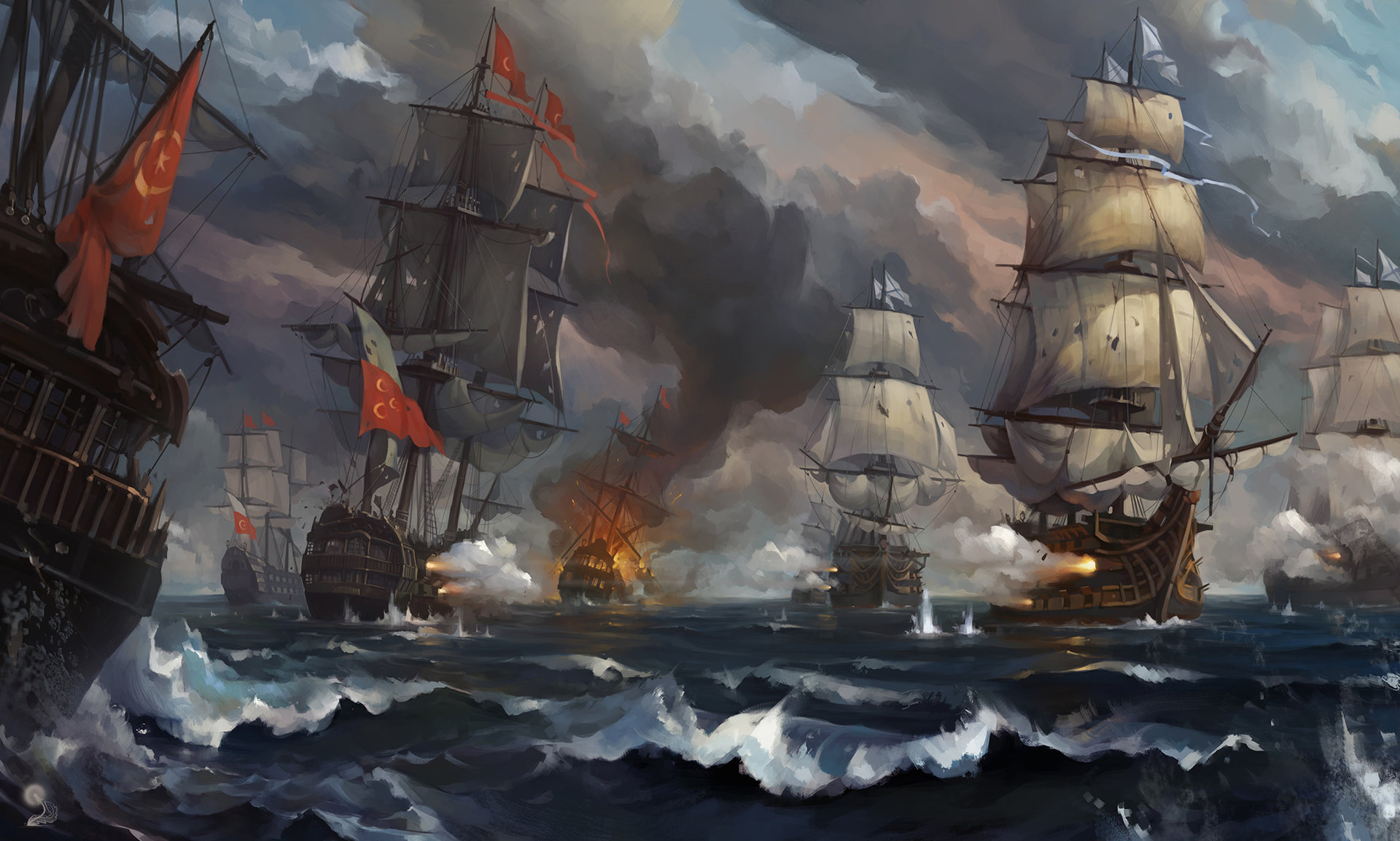 Ottoman Empire ships in naval battle HD Wallpaper