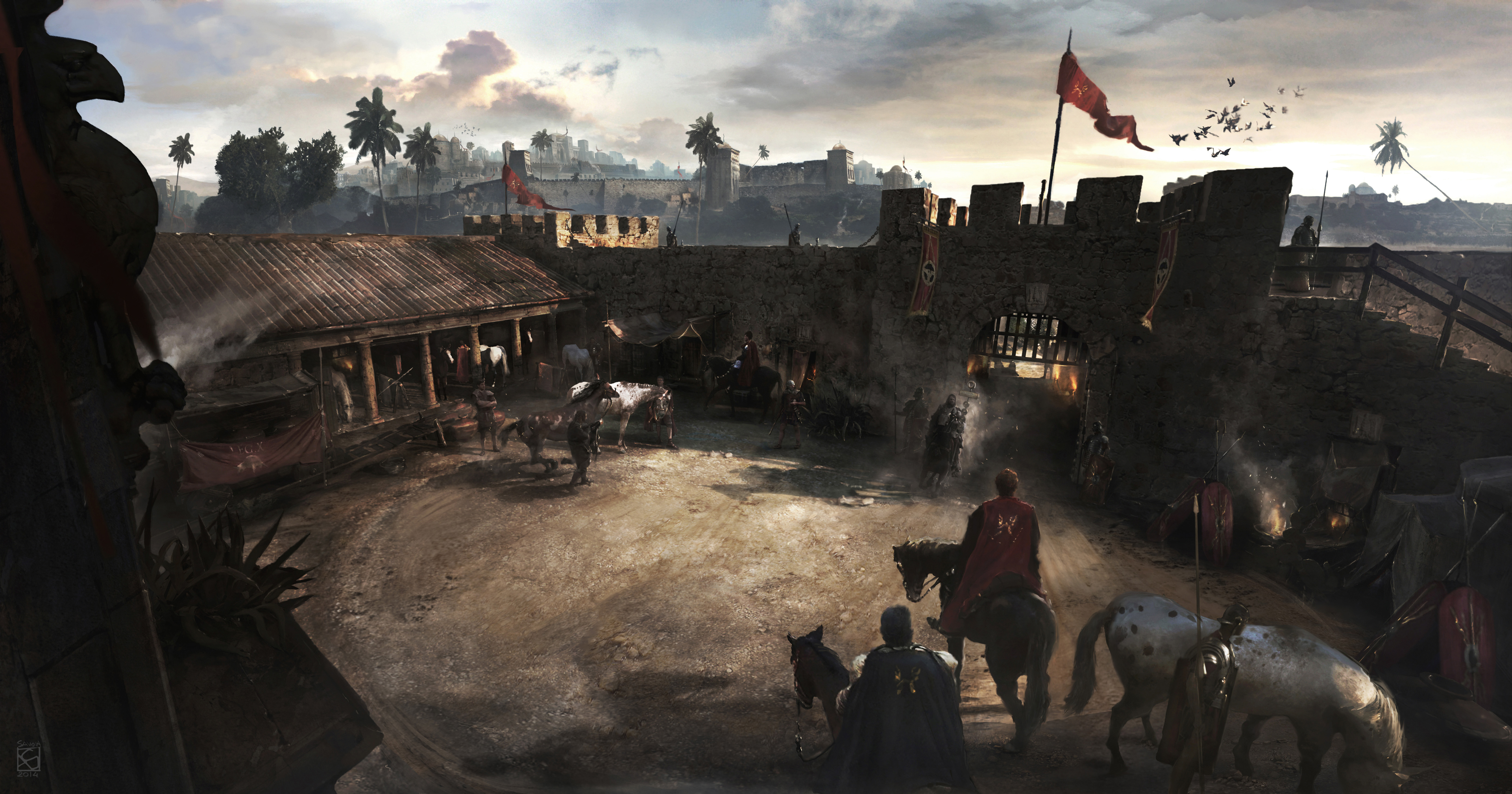 Ancient Roman fort with soldiers and horses HD Wallpaper