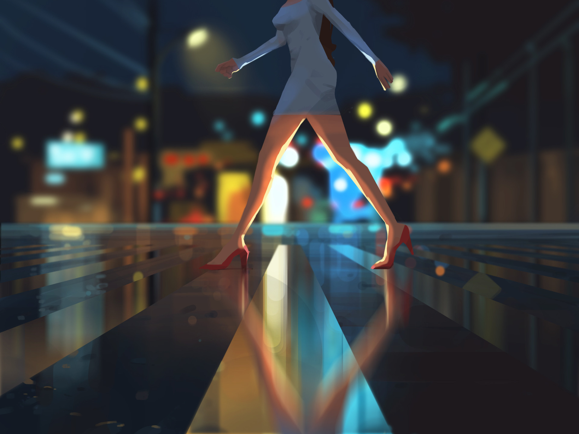 Woman in dress walking on a wet street at night HD Wallpaper