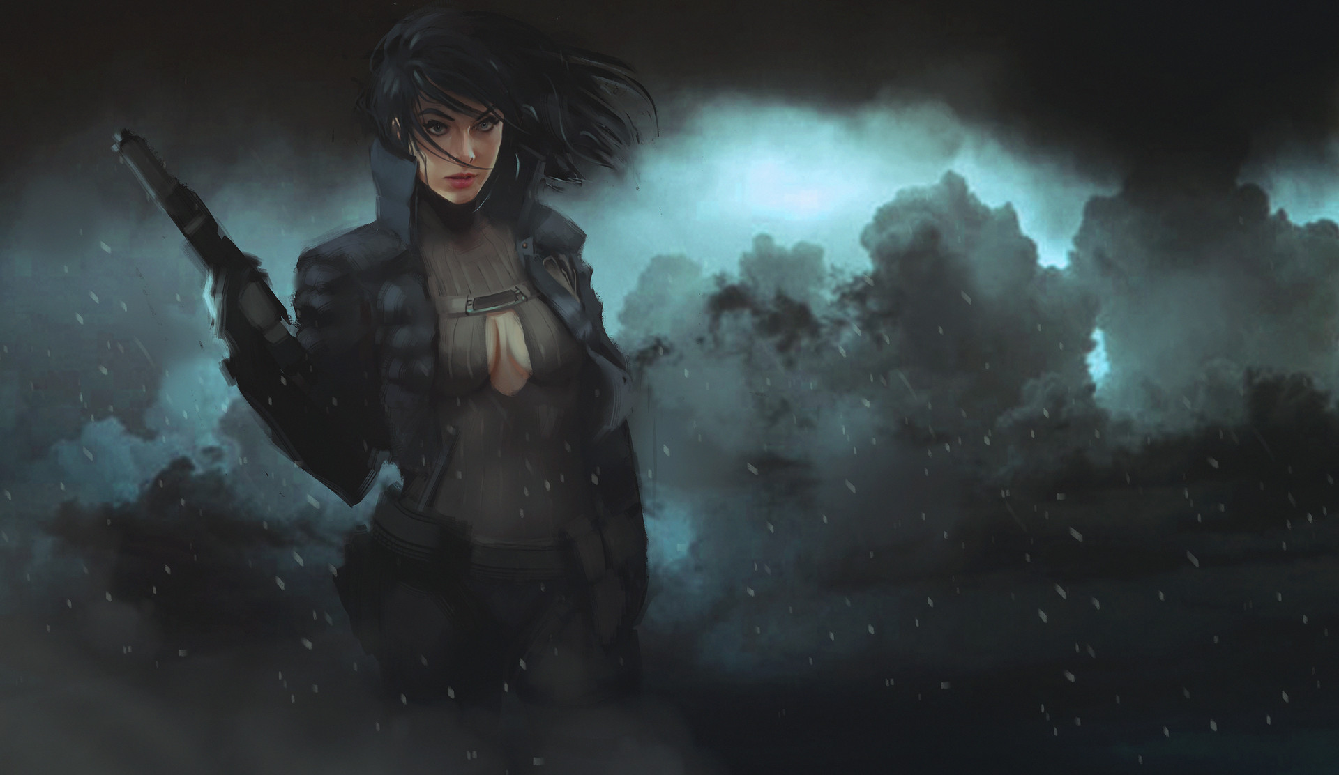 Woman holding a gun in a stormy environment HD Wallpaper