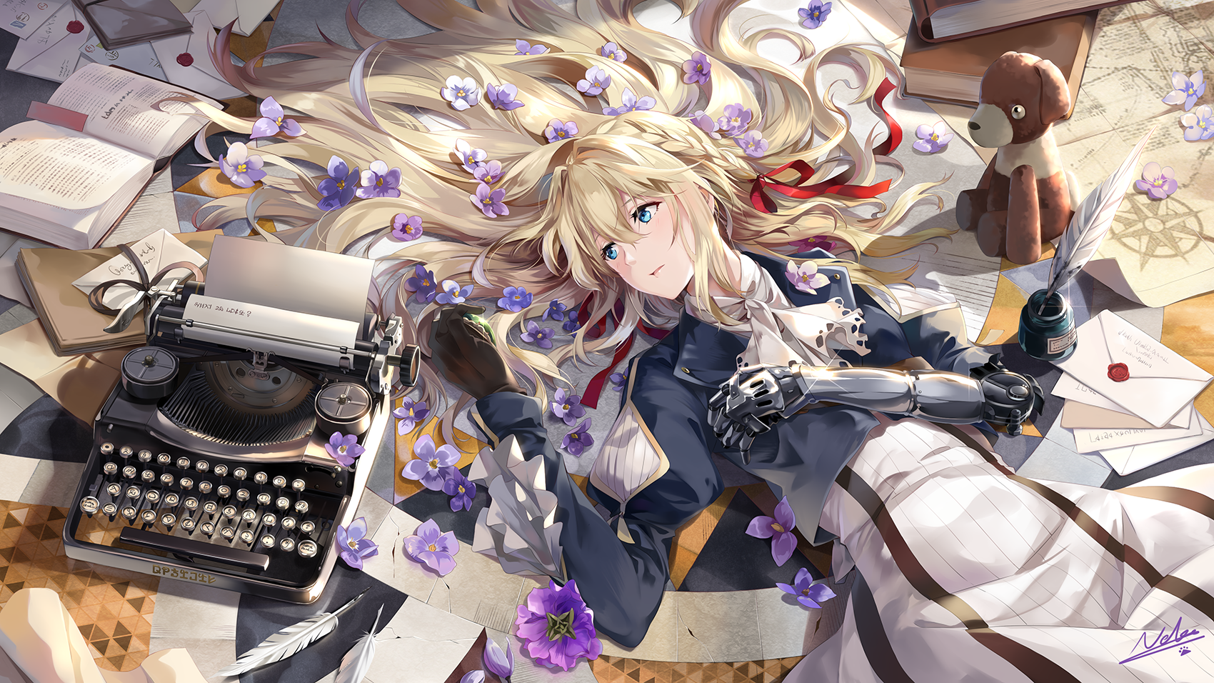 Violet Evergarden with flowers and typewriter HD Wallpaper