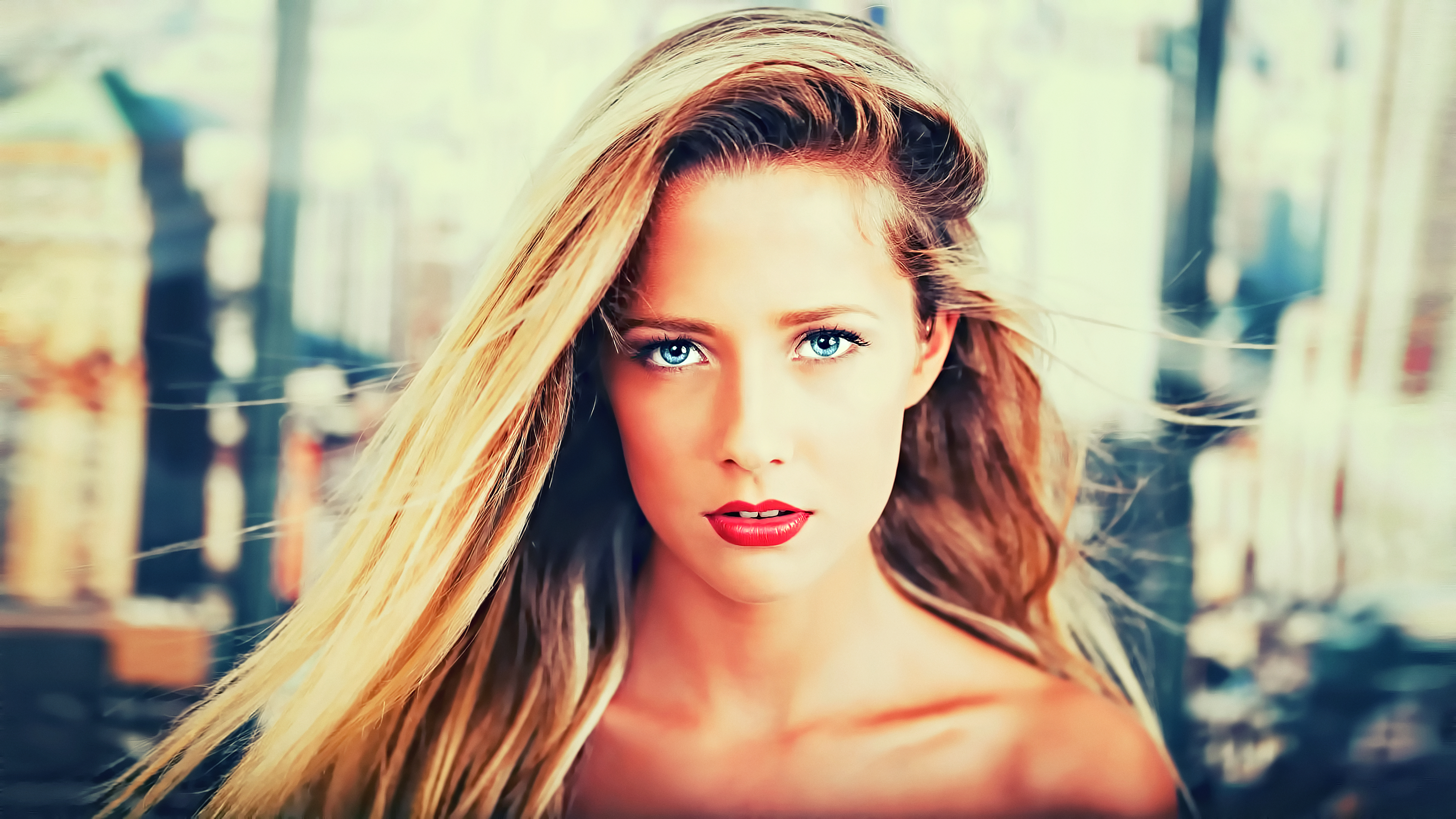 Woman with blonde hair and blue eyes HD Wallpaper