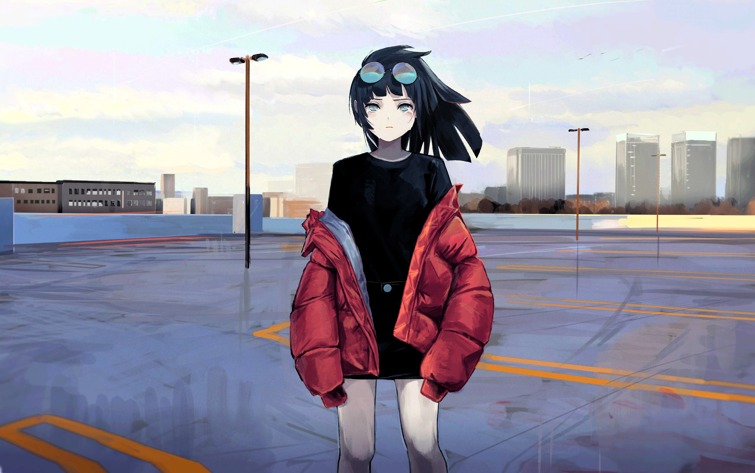Anime girl with red jacket on rooftop parking lot HD Wallpaper