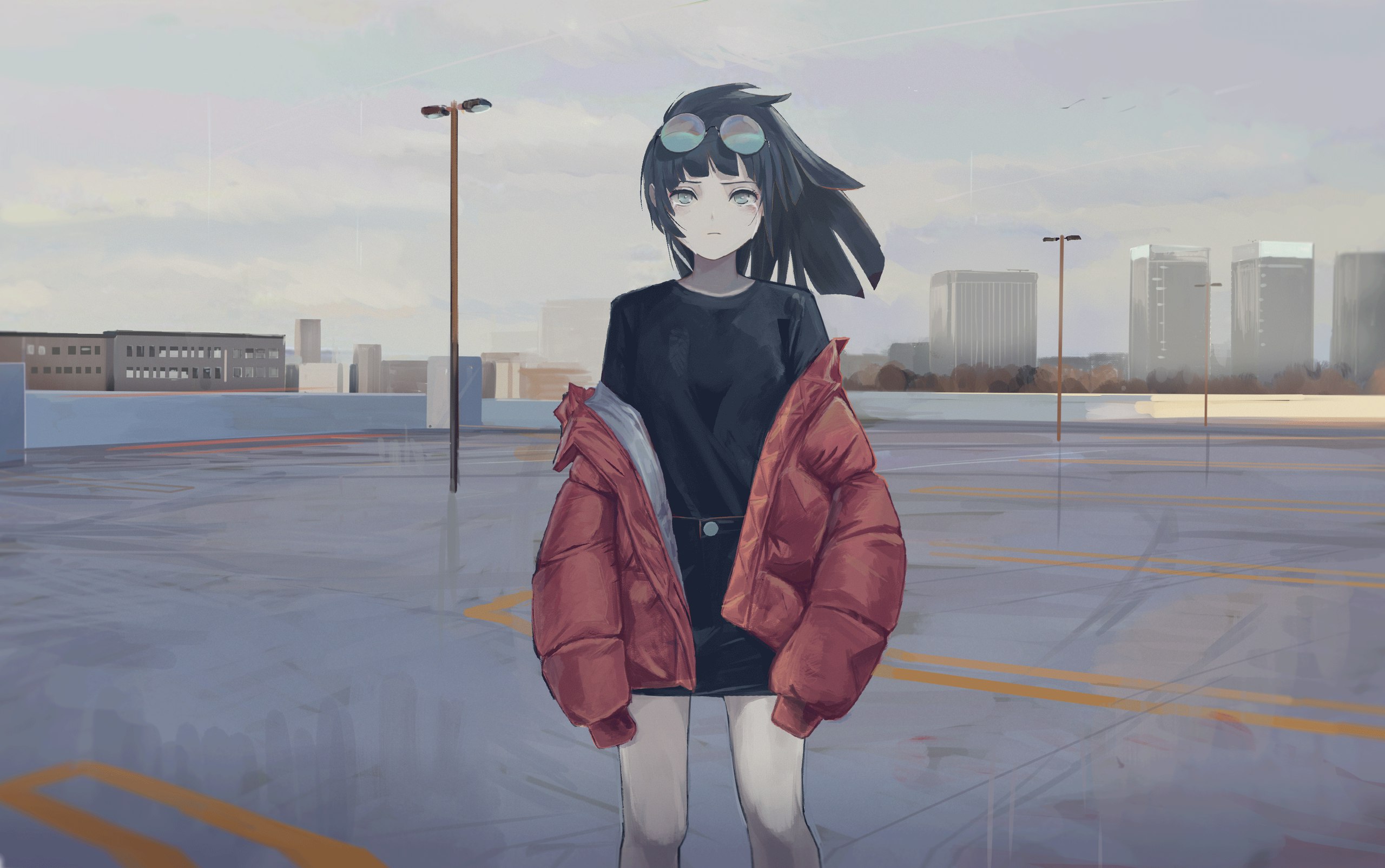 Anime girl in a red puffer jacket on a rooftop HD Wallpaper