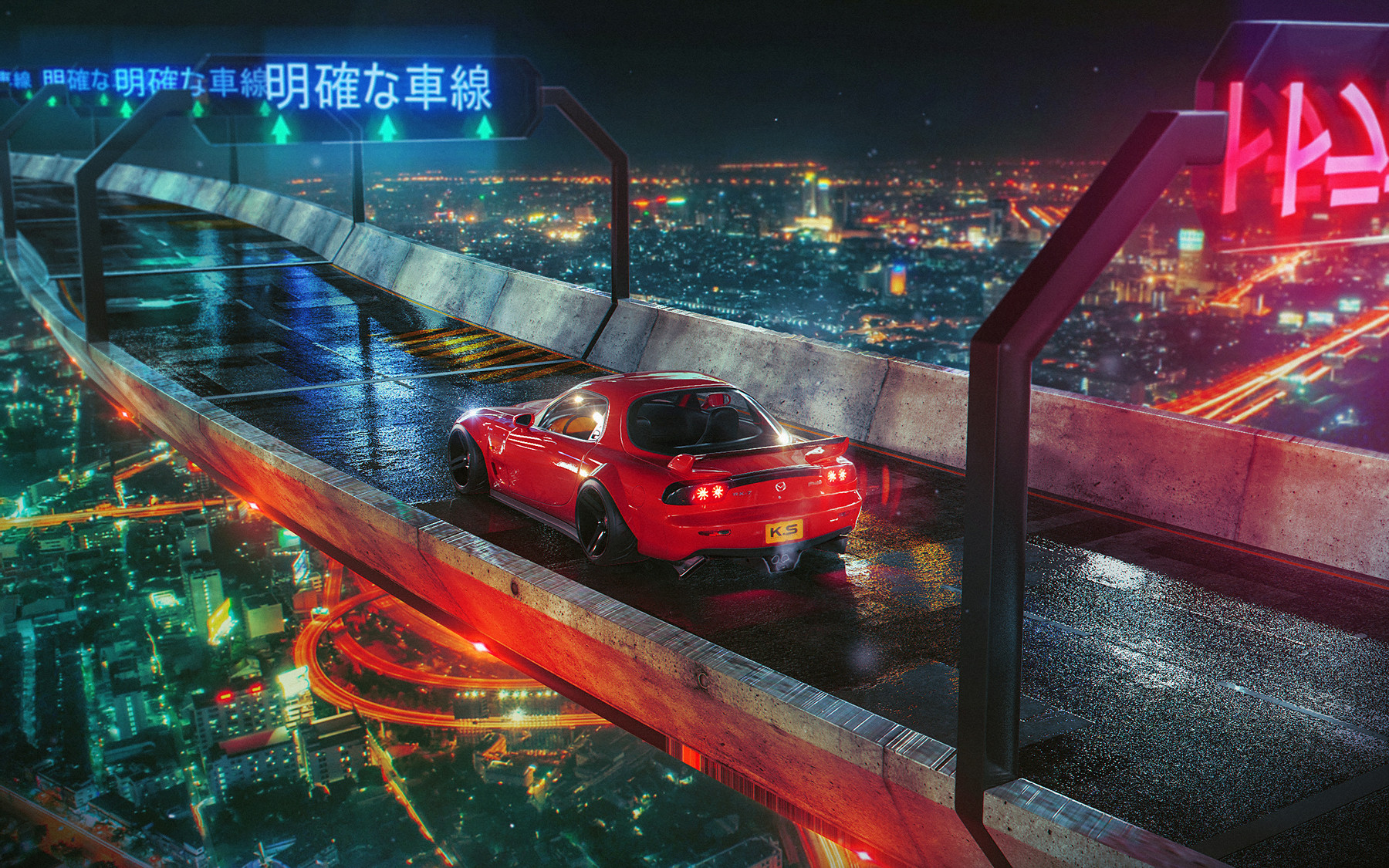 mazda rx7, car, Khyzyl Saleem, city, 3D, neon, render, bridge HD Wallpaper