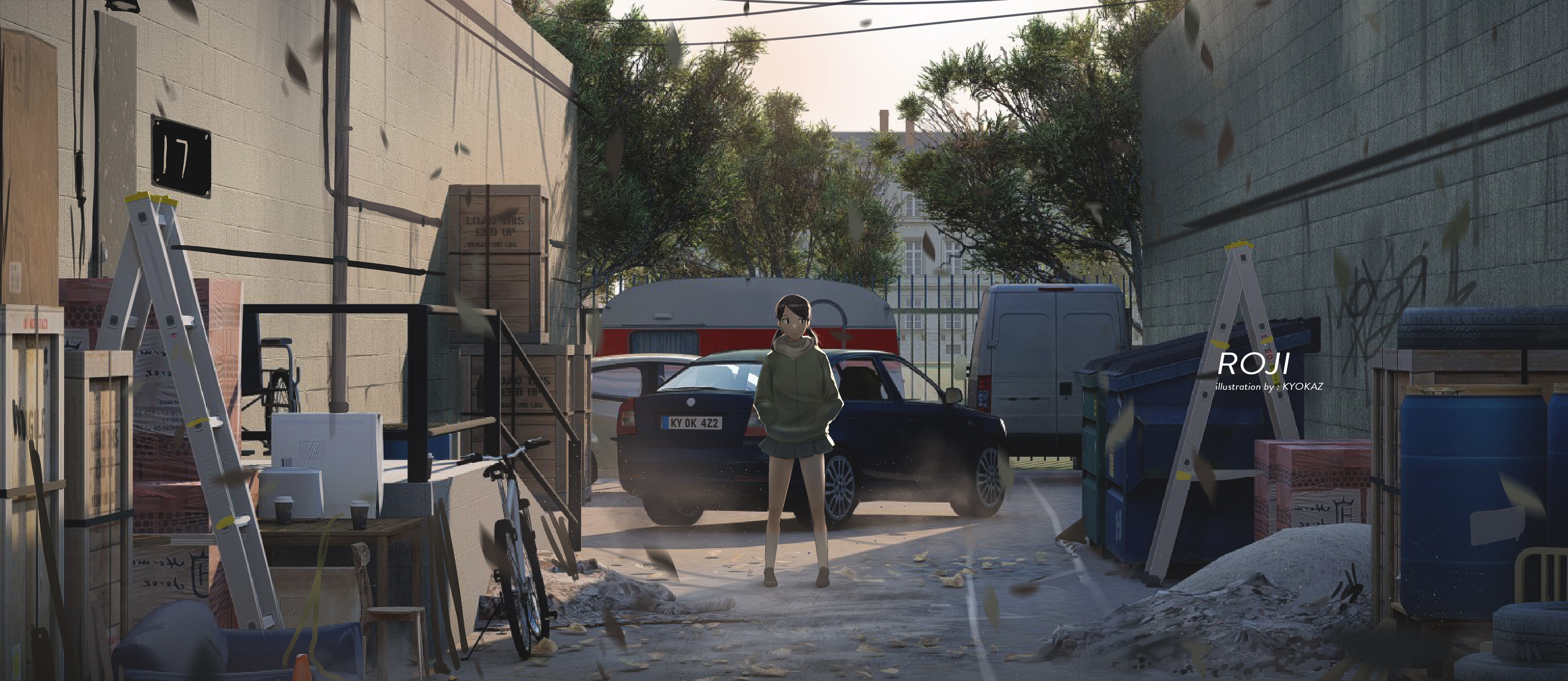 Anime girl in a green hoodie standing by a car HD Wallpaper