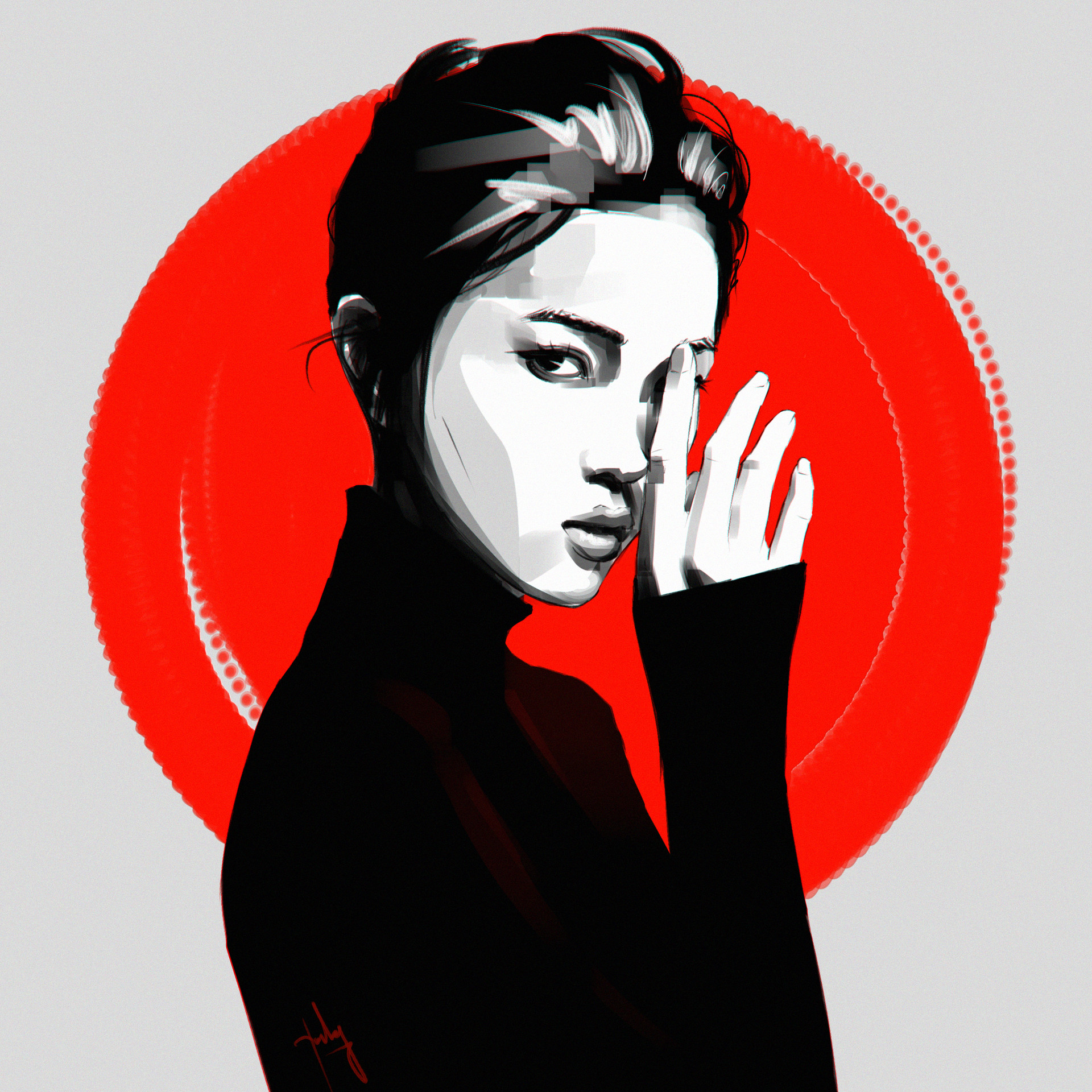 Digital art portrait of a woman with red circle background HD Wallpaper