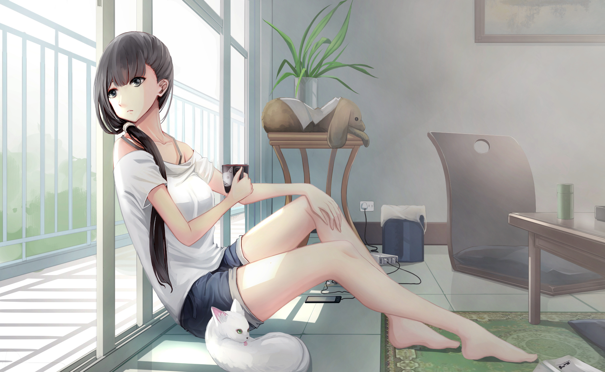 Anime girl with a cat and a mug HD Wallpaper